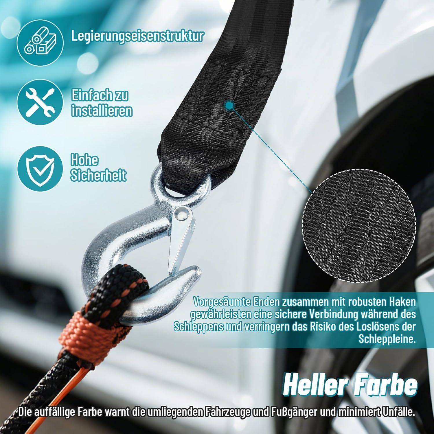 Abschleppgurt mit Metallhaken an einem Fahrzeug befestigt, mit deutschen Beschriftungen für Haltbarkeit, einfache Installation, Sicherheit, leuchtende Farbe und eine Nahaufnahme des gewebten Riemenmaterials.