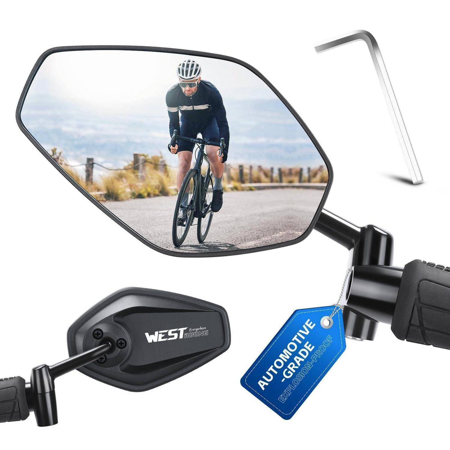 Radfahrer, der sich in einem Fahrradrückspiegel spiegelt, mit einem am Lenker montierten Spiegel und blauem „AUTOMOTIVE GRADE