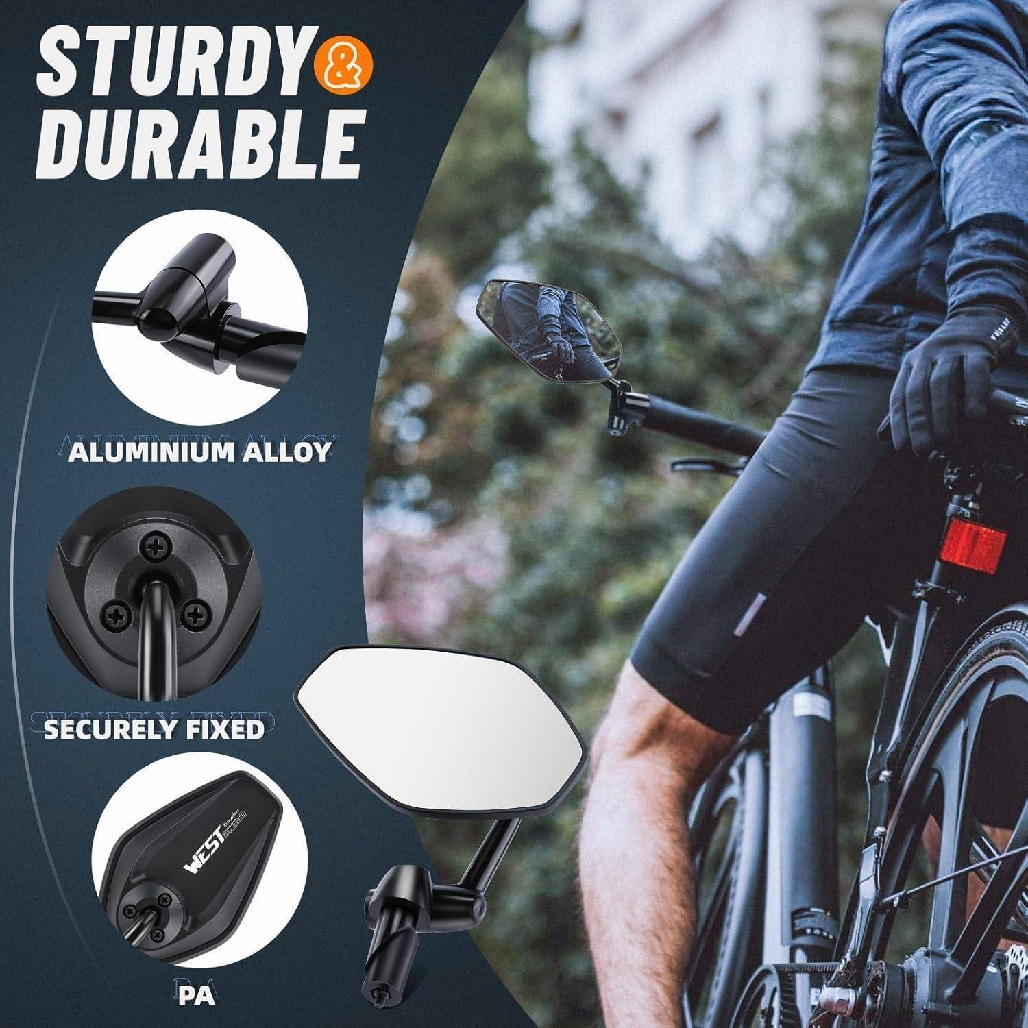 Werbegrafik für einen Fahrradleuchtspiegel, die einen Radfahrer zeigt, der einen am Lenker montierten Spiegel verwendet, mit beschrifteten Funktionen: "ROBUST UND LANGLEBIG"", ""ALUMINIUM-LEGIERUNG"", ""SICHER BEFESTIGT"" und ""PA"".