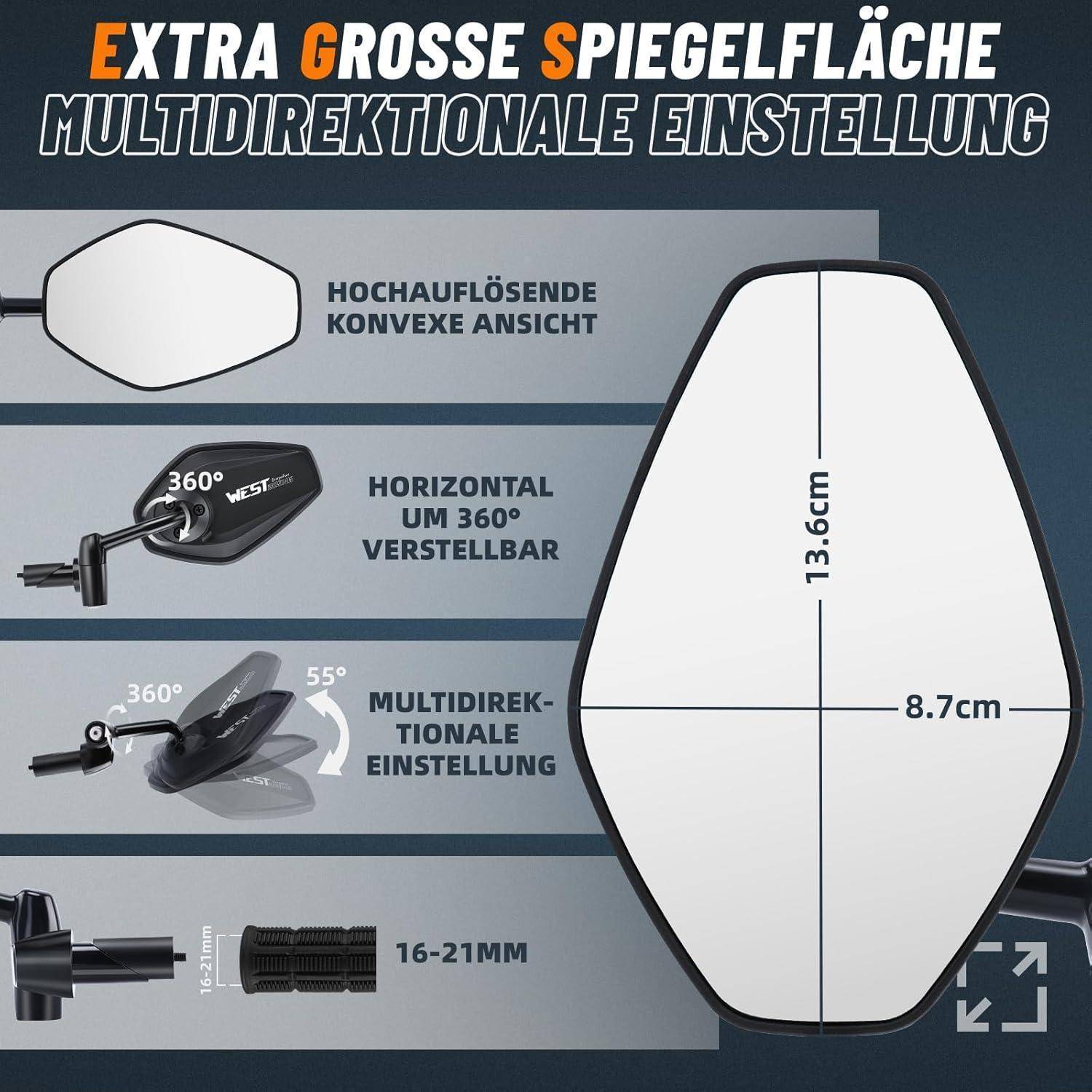 Produktgrafik für einen Motorradspiegel: Übergroßer Konvexspiegel mit multidirektionaler Verstellung, 360° Horizontalrotation, 55° Neigung und Größe von 13,6 x 8,7 cm.