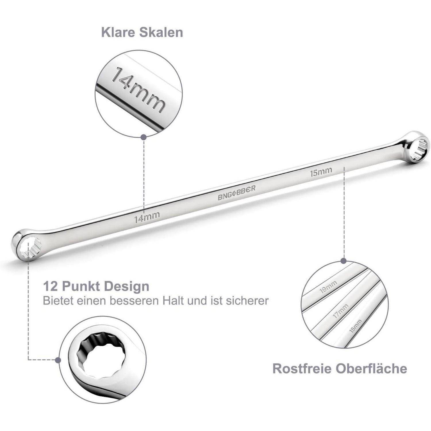 Annotiertes Bild eines doppelendigen Ringschlüssels mit deutschen Beschriftungen, das die Größen 14 mm und 15 mm zeigt, ein 12-Kant-Design für besseren Griff und eine rostfreie Oberfläche.