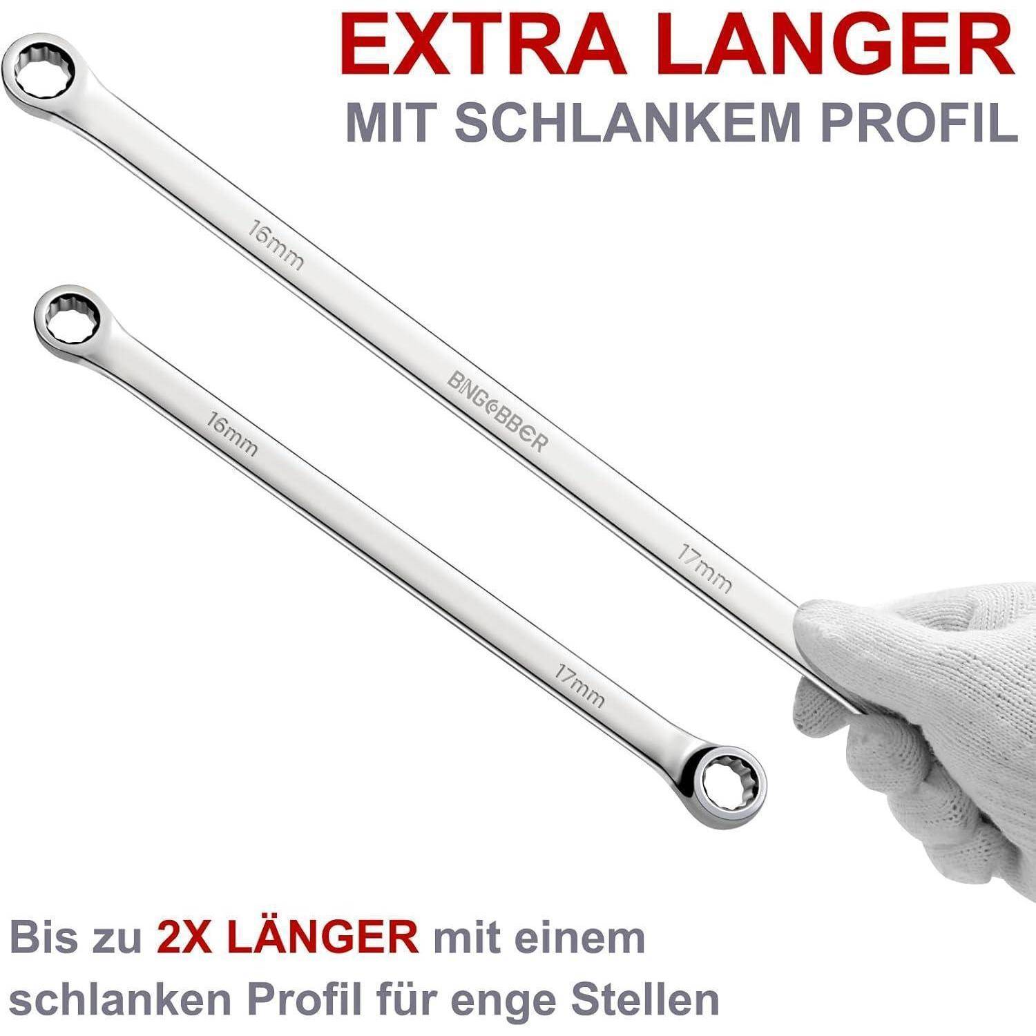 Anzeige für extra lange, schlanke Ringschlüssel, zeigt zwei Schraubenschlüssel und eine behandschuhte Hand, die einen hält; deutscher Text sagt bis zu 2x länger für enge Räume.