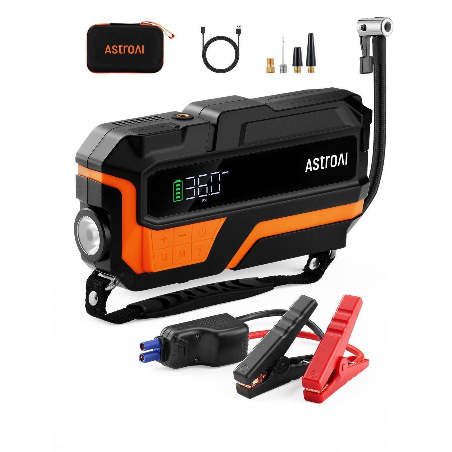 ASTROAI tragbarer Luftkompressor mit digitalem Display, Schlauch, Netzteil, Batterieklemmen, Düsen und Transportkoffer auf weißem Hintergrund.