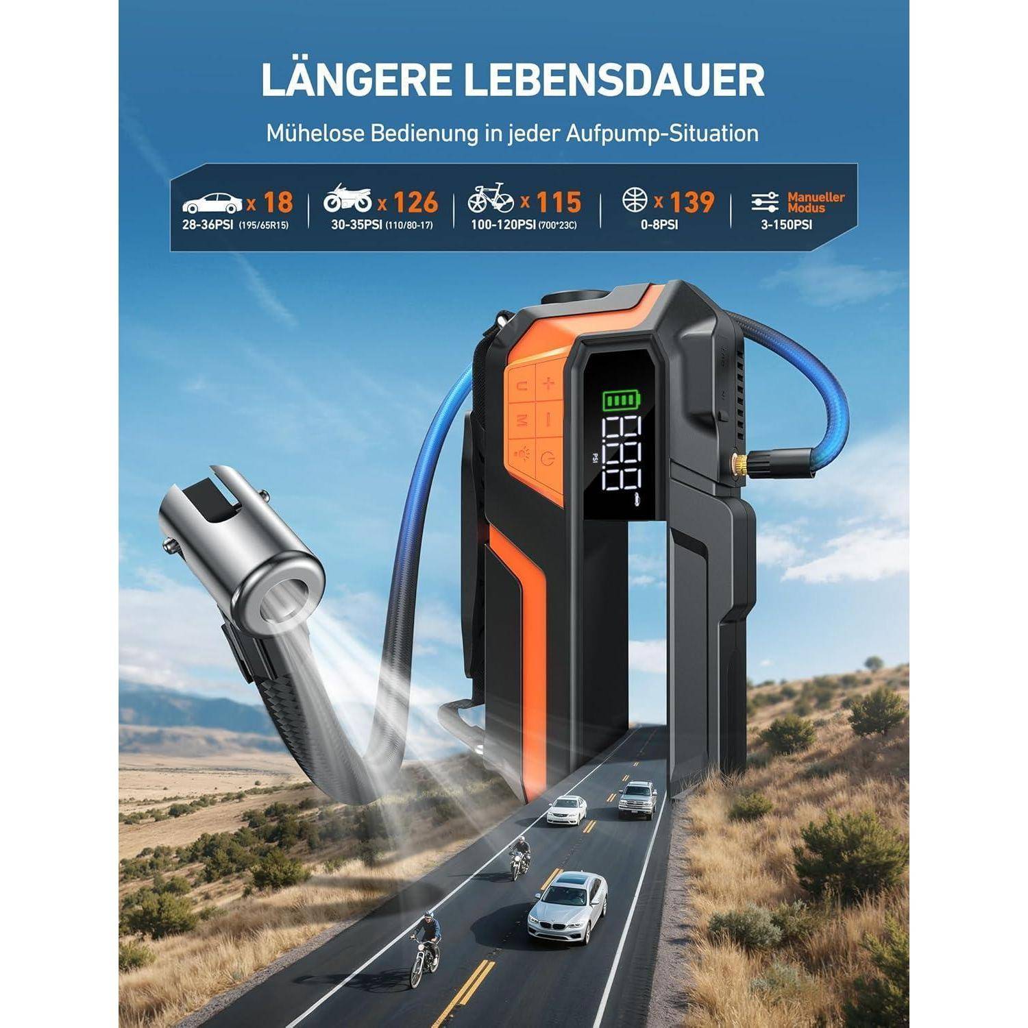 AstroAI M10 Starthilfe Powerbank für Pkw mit 150PSI Luftkompressor, Auto starthilfe powerbank für 12V Fahrzeuge (8L Benzin/6L Diesel), intuitives LE