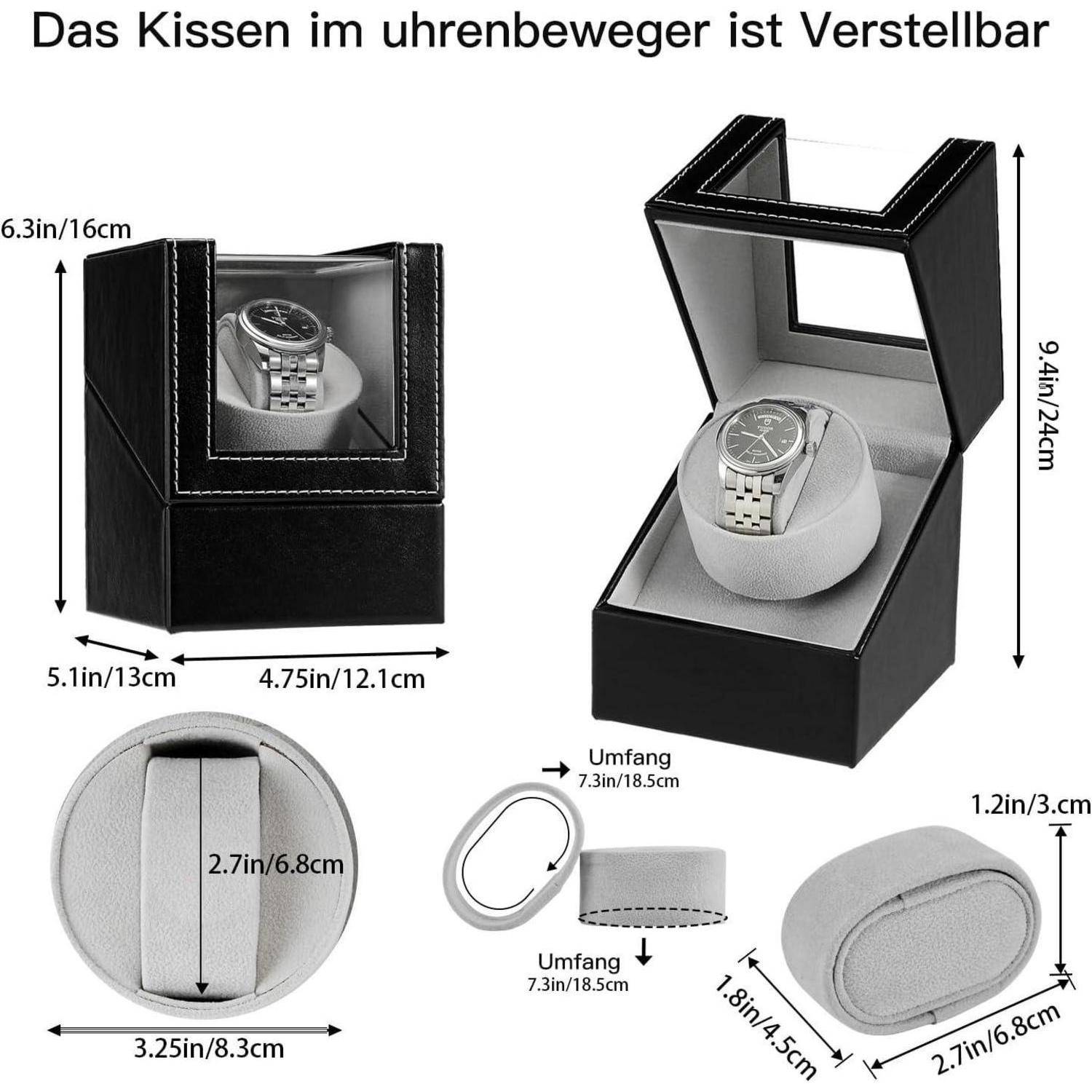 Produktdiagramm eines Uhrenbewinders mit verstellbarem Kissen, dargestellt in Schwarz und Grau, mit beschrifteten Abmessungen und Umfangsmessungen.