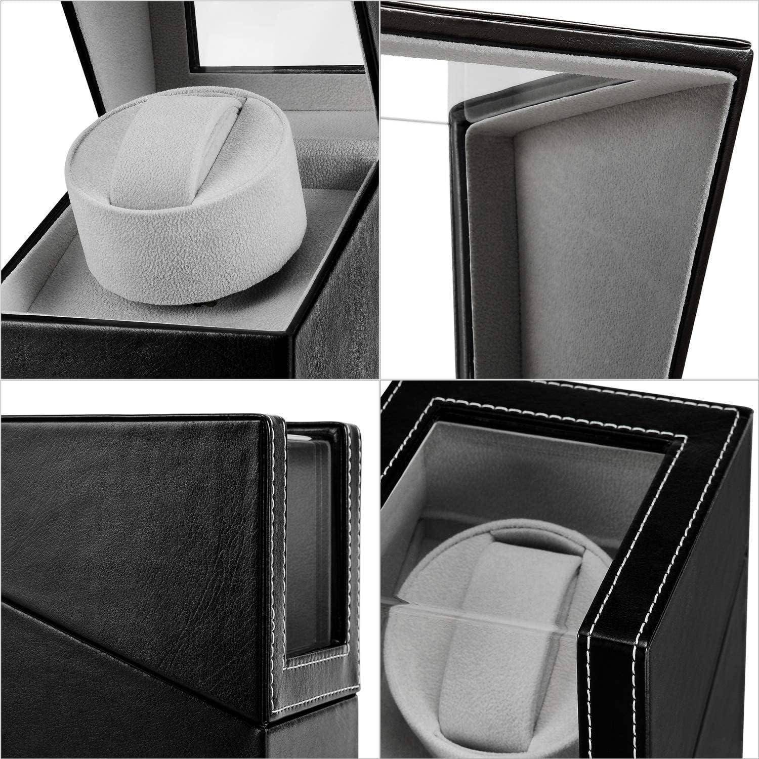 Vierteiliges Produktdetail einer schwarzen Displaybox mit weißer Steppnaht und einem grauen gepolsterten Uhrenkissen im Inneren, aus mehreren Blickwinkeln gezeigt.
