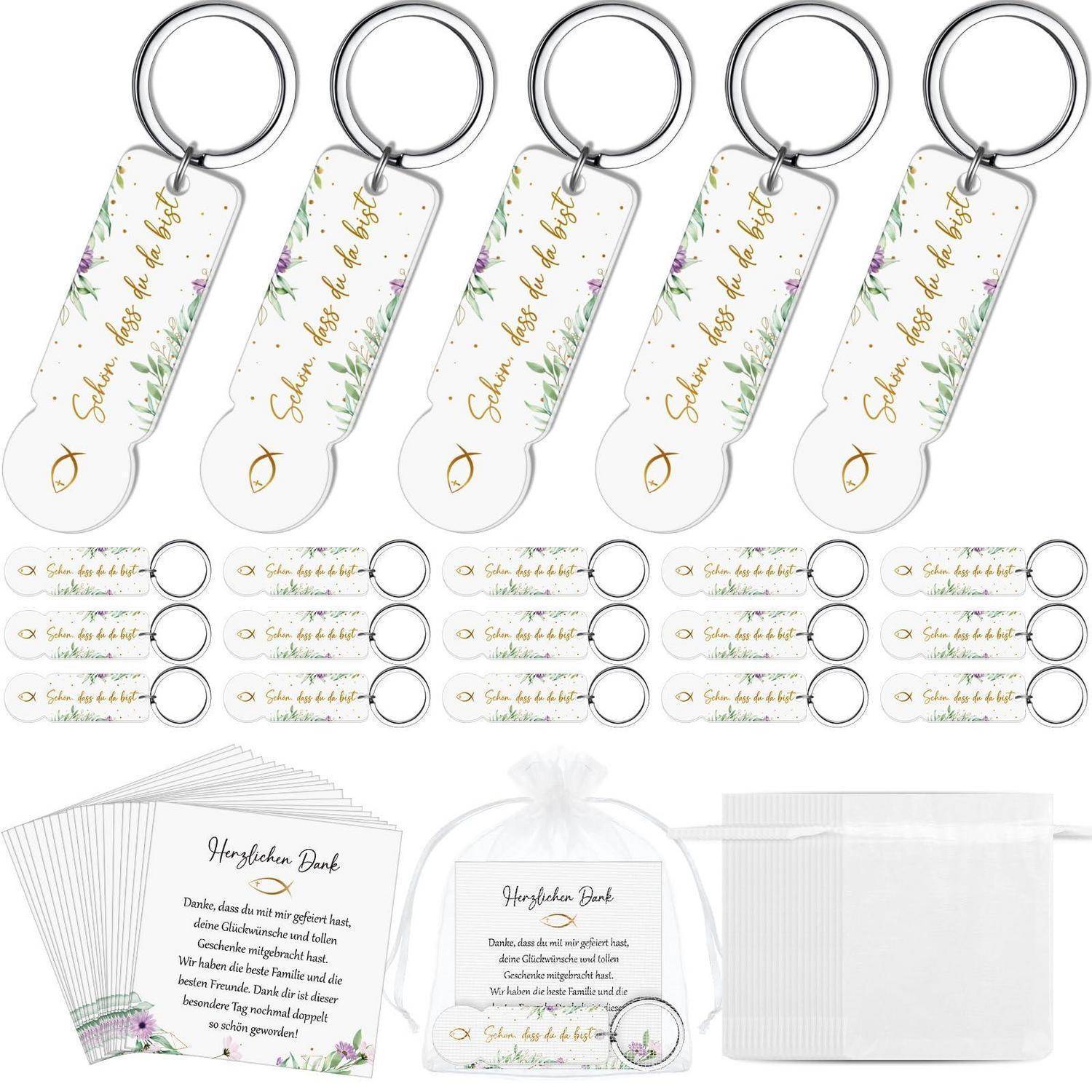 Satz von floralen Hochzeits-Gastgeschenk-Anhängern und passenden Schlüsselanhänger-Etiketten, gezeigt in mehreren Größen und Verpackungen, mit deutscher Schrift und goldenen Akzenten.