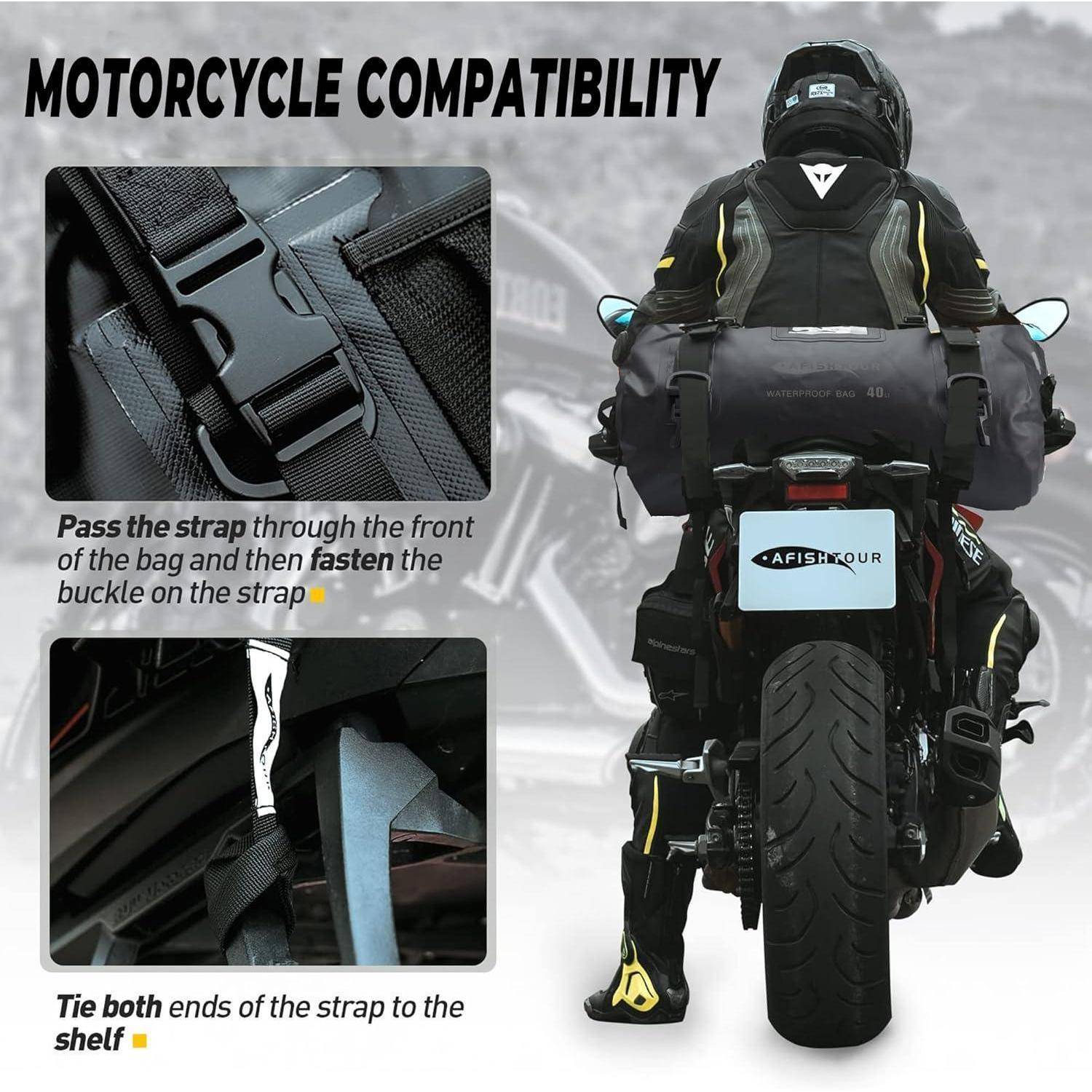 Motorrad-Kompatibilitätsleitfaden zum Befestigen eines Riemens: Führen Sie ihn durch die Vorderseite der Tasche, befestigen Sie die Schnalle und binden Sie beide Enden am Regal fest.
