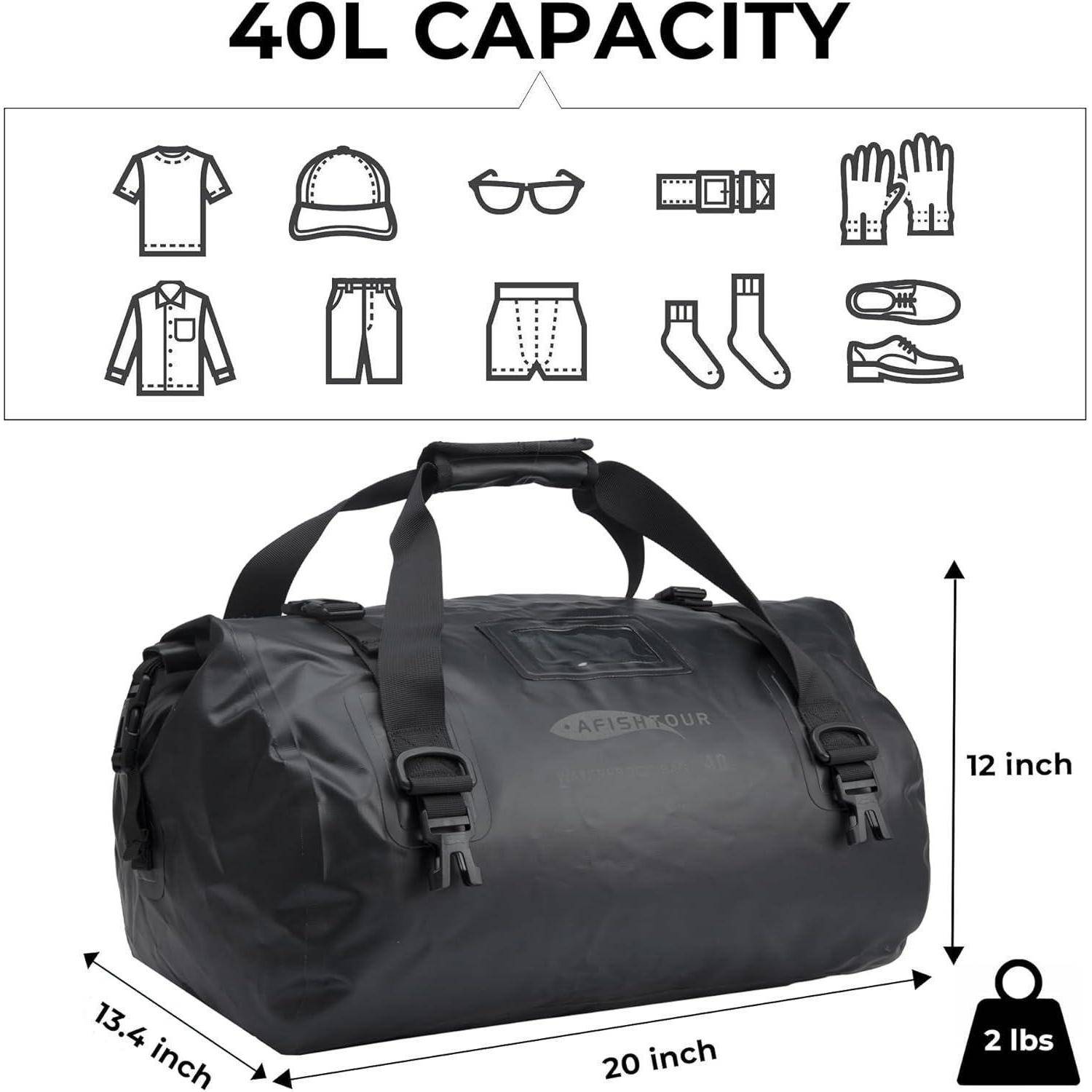Schwarze Reisetasche mit der Bezeichnung „40L Fassungsvermögen" mit Bekleidungssymbolen und Größenangaben, die 20 x 13,4 x 12 Zoll und 2 Pfund Gewicht zeigen.