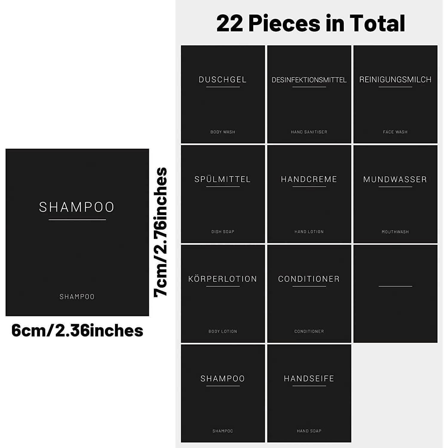 Packaging-Layout mit 22 Kosmetik- und Hygieneartikeln in schwarzen Boxen, darunter Shampoo, Conditioner, Duschgel, Handcreme, Mundwasser und Seife, mit beschrifteten Abmessungen.