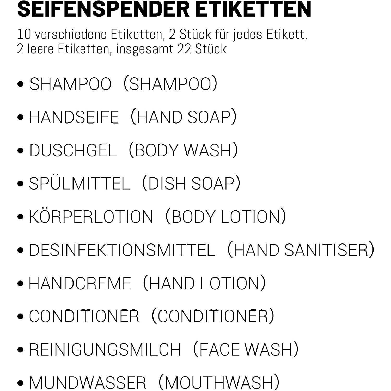 Deutsche Etikettenlabels-Liste: 10 Typen, je 2 davon plus 2 blanko, einschließlich Shampoo, Handseife, Duschgel, Spülmittel, Körperlotion, Handdesinfektionsmittel, Handlotion, Conditioner, Gesichtsreiniger, Mundwasser.