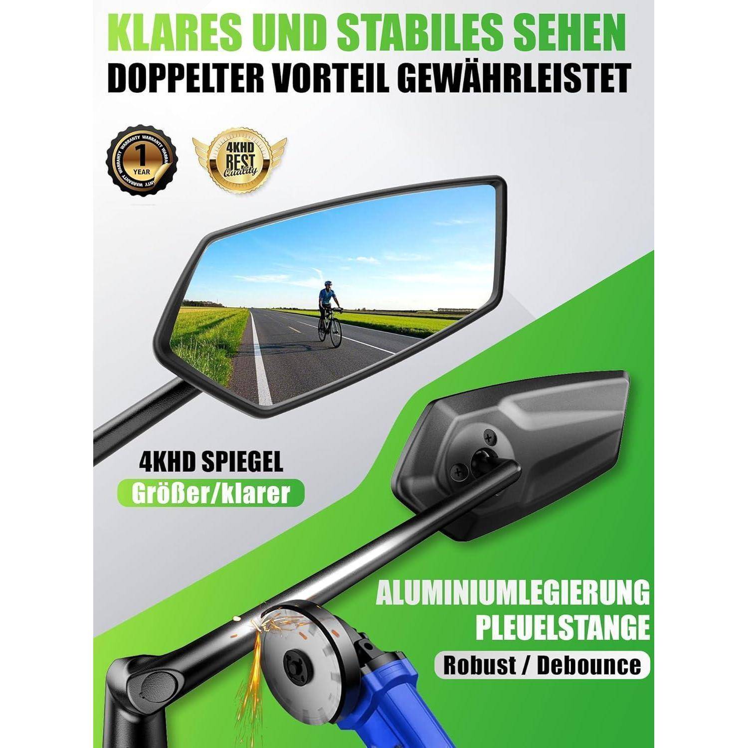 RBRL Fahrradspiegel | 3D Verstellbar für Panorama Sicht | 360° Dreh- &amp; Einklappbar | Bruchfestes Echtglas Rückspiegel | Langlebig Kompakt Lenker Sp