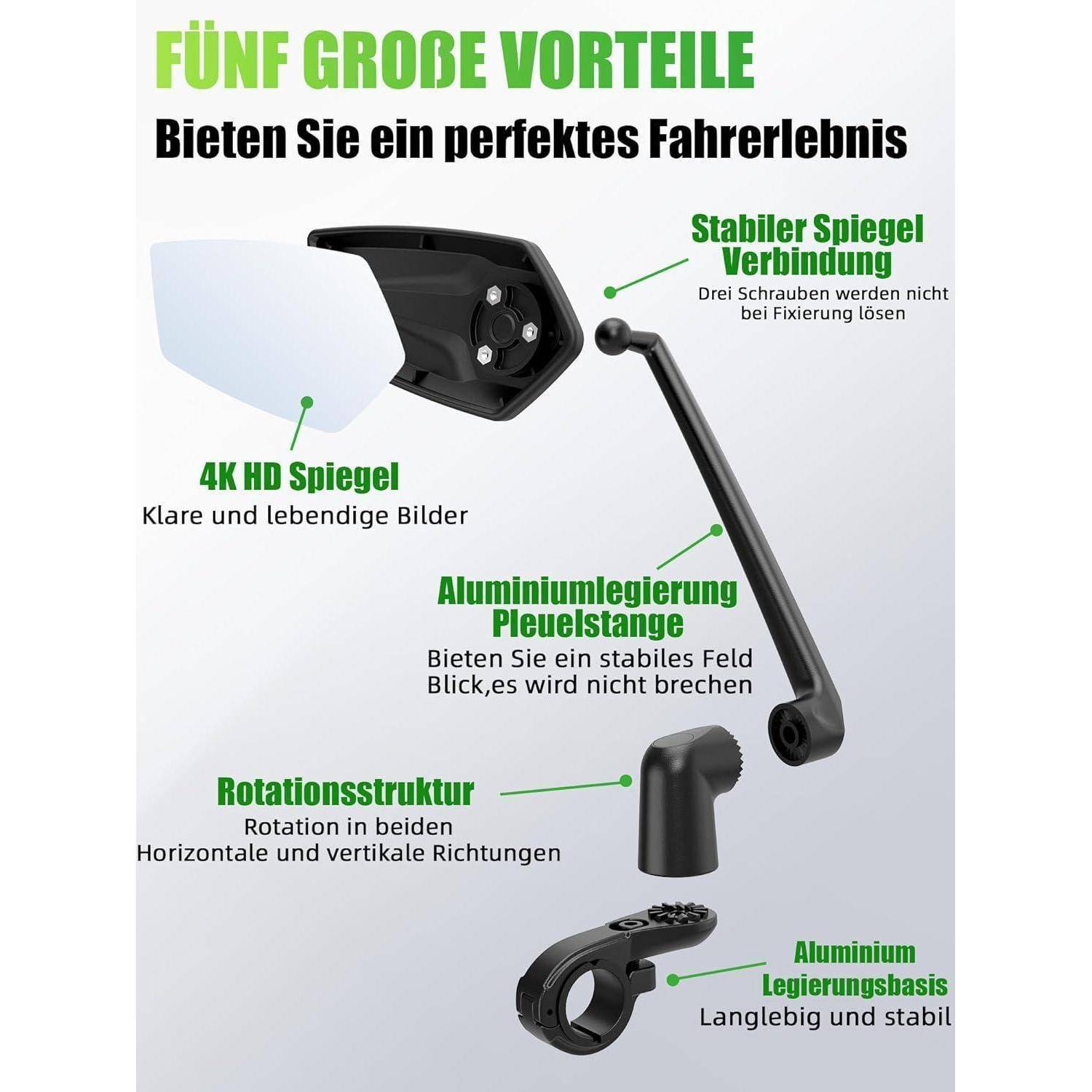 RBRL Fahrradspiegel | 3D Verstellbar für Panorama Sicht | 360° Dreh- &amp; Einklappbar | Bruchfestes Echtglas Rückspiegel | Langlebig Kompakt Lenker Sp