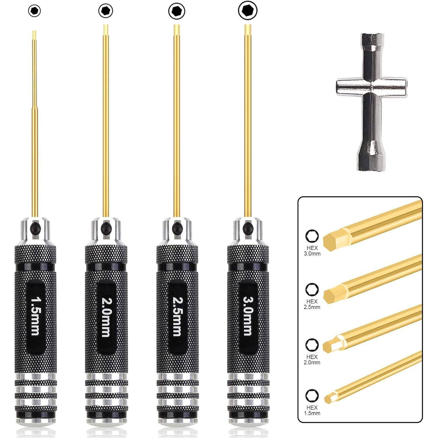 Satz von vier Sechskantschlüsseln mit vergoldeten Schäften und gerillten schwarzen Griffen mit Beschriftung 1,5mm, 2,0mm, 2,5mm und 3,0mm, plus T-Griff und Größentabelle.