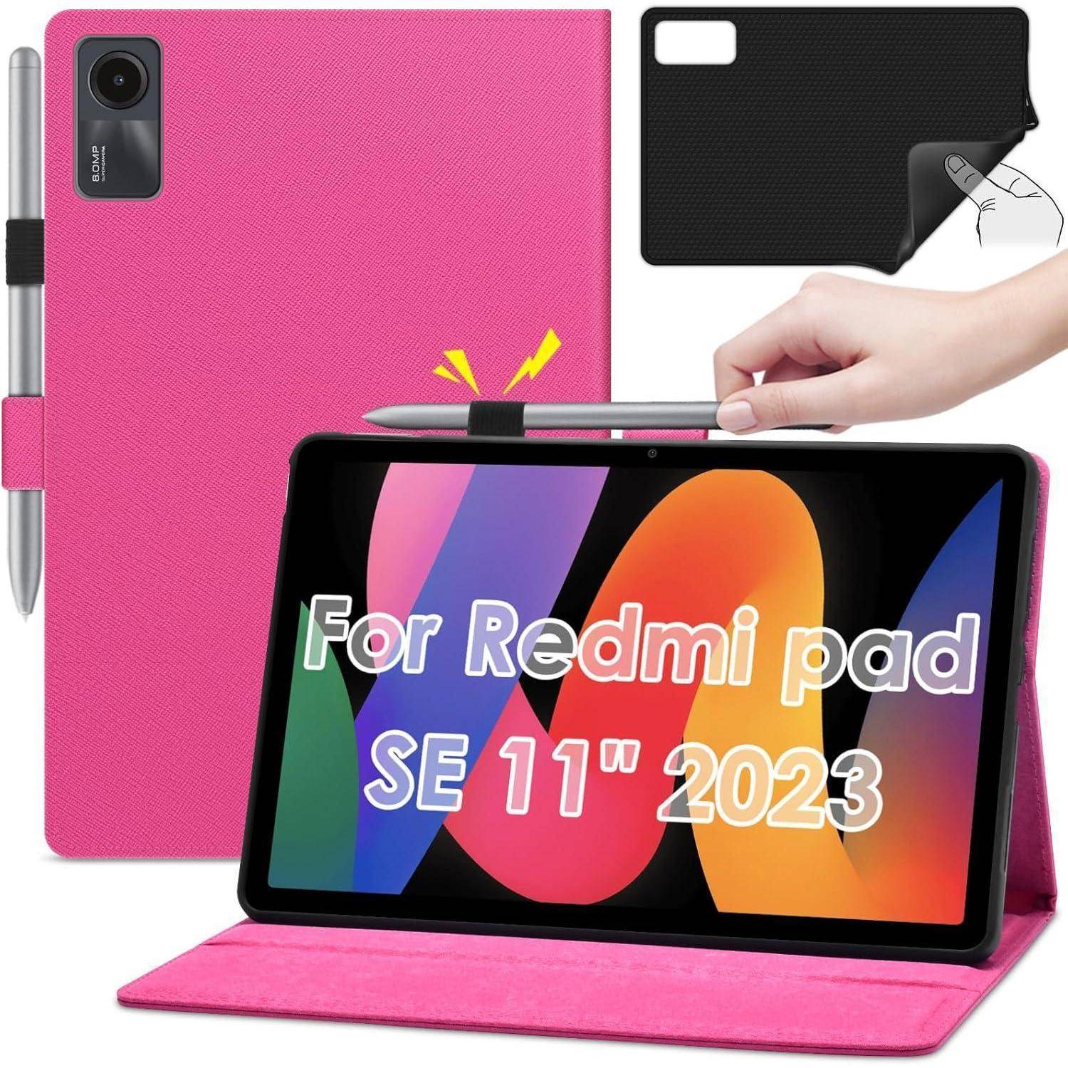 Rosa Foliotabletthülle mit Stylus-Halter und schwarzem Rückpanel, gezeigt für Redmi Pad SE 11-Zoll 2023; Hand führt Tablet ein