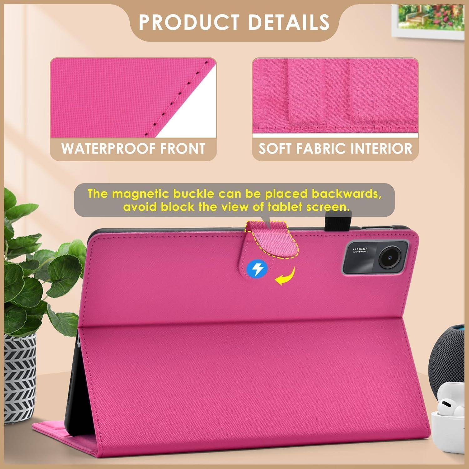 Rosa Tablet-Schutzhülle mit Ständer, wasserdichter Vorderseite und weichem Stoffinneren; magnetische Schnalle lässt sich nach hinten falten, um den Bildschirm nicht zu blockieren und die Kameraöffnung freizugeben.
