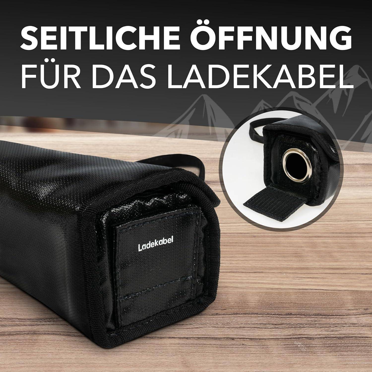 E-Bike Akku Tasche – Feuerfeste Akkubox für E-Bike Akkus mit Kabeldurchführung – Akku Schutzhülle feuerfest inkl. Trageschlaufe – Akku Transp