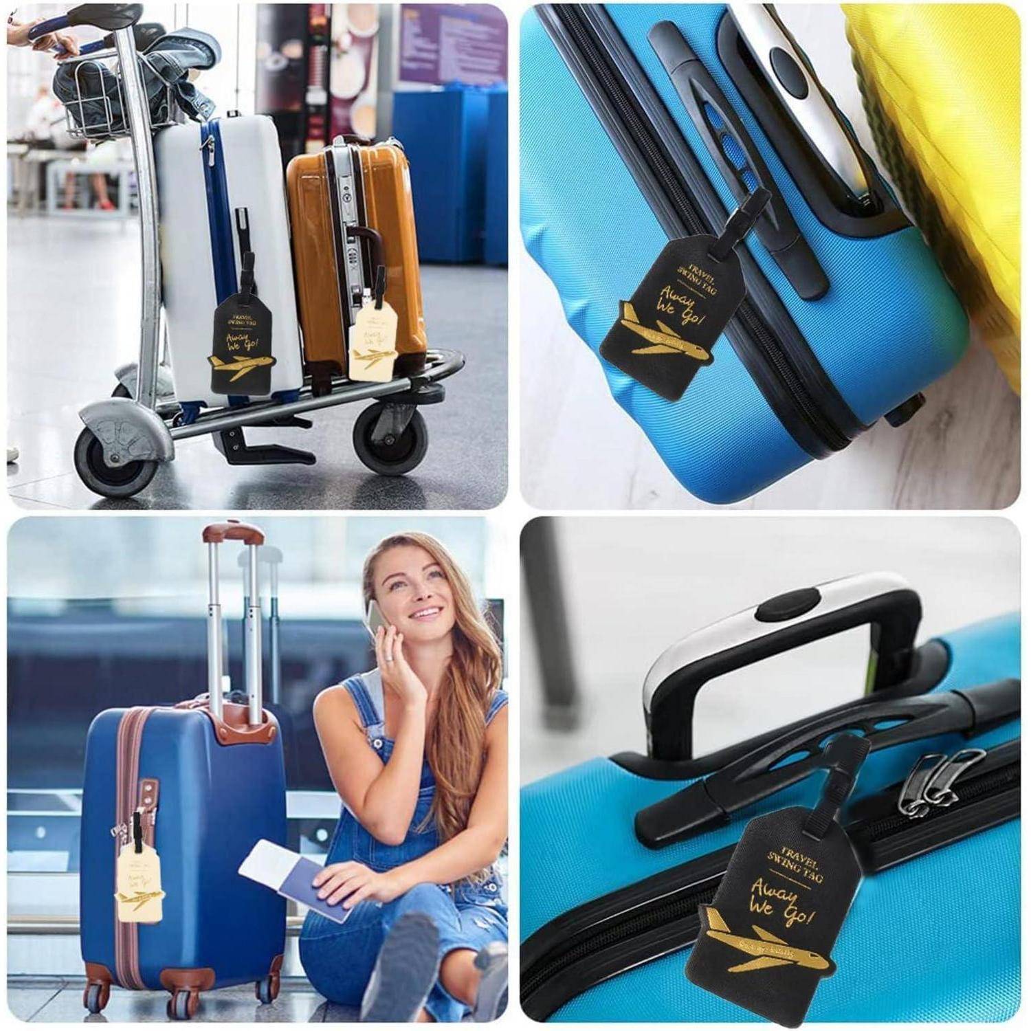 Collage mit einem blauen und beigen Rollkoffer mit passendem Gepäckanhänger, einschließlich Nahaufnahmen des Griffs und eines Reisenden, der neben dem Koffer am Flughafen sitzt.
