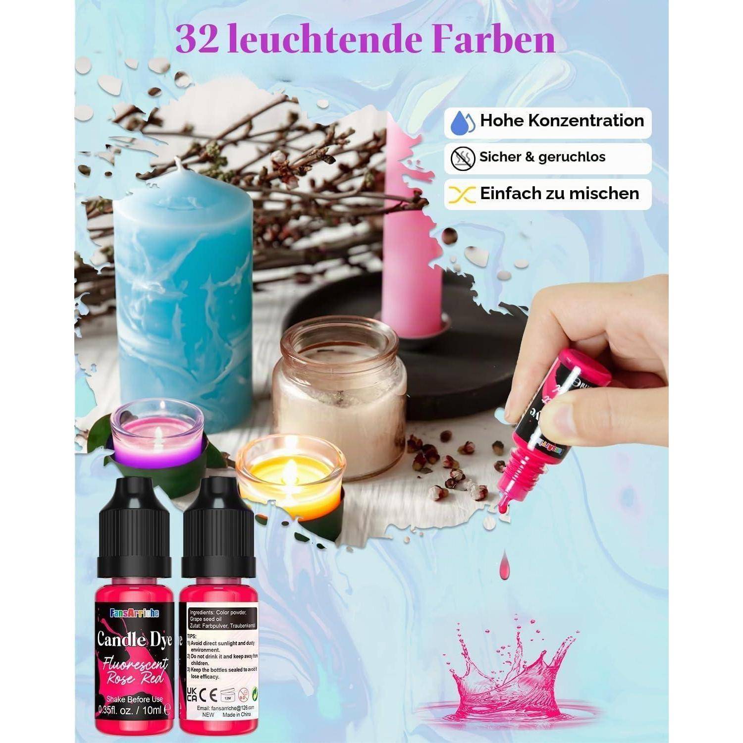 Werbebild für Kerzenfarbe mit leuchtenden Farben; zeigt Kerzen, Farbflaschen und eine Hand, die rosa Farbe hinzufügt. Der Text lautet „32 leuchtende Farben