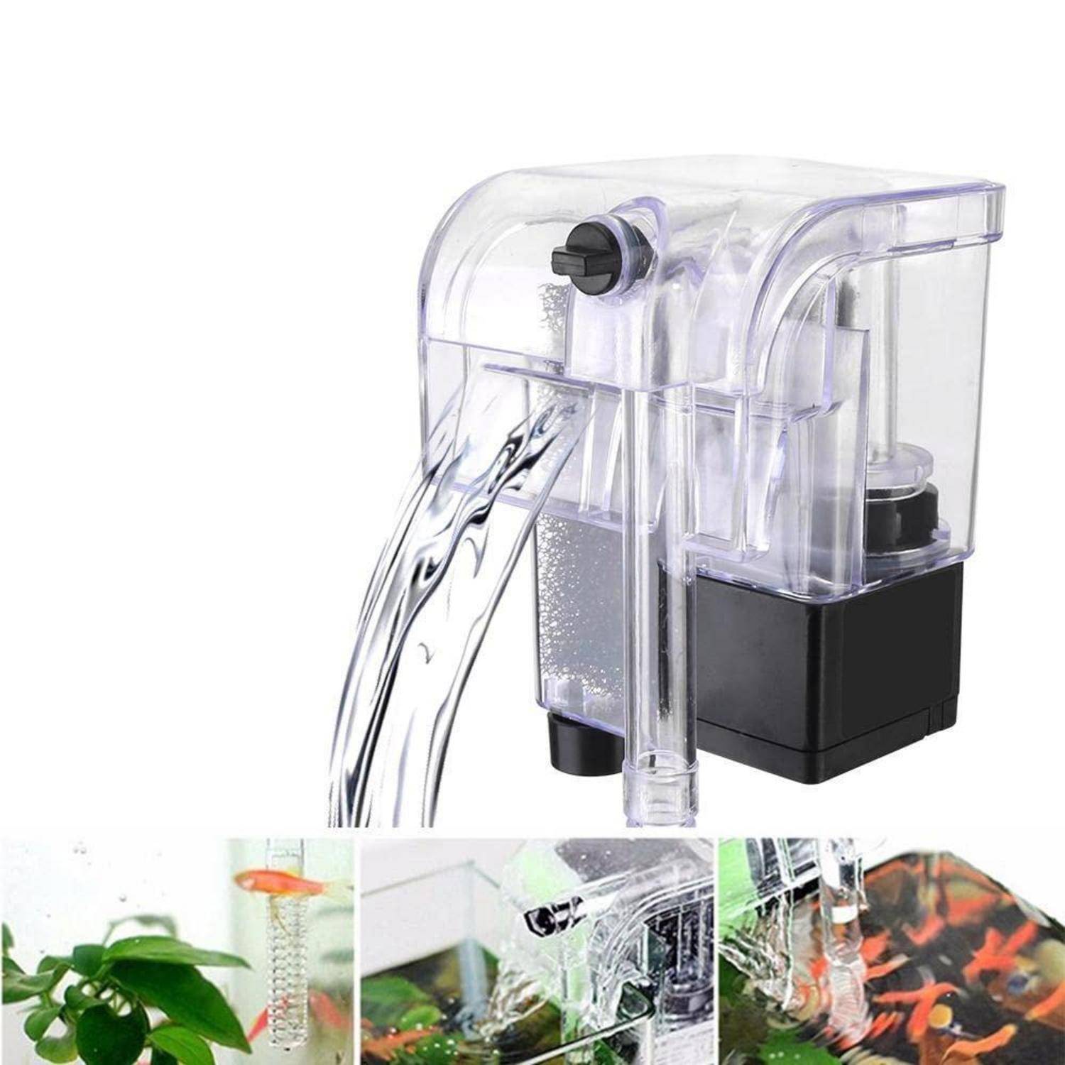 Klarer Aquariumfilter mit Wasser, das herausfließt, gezeigt über einer kleinen Collage von Aquarien- und Pflanzeneinsatzmöglichkeiten.