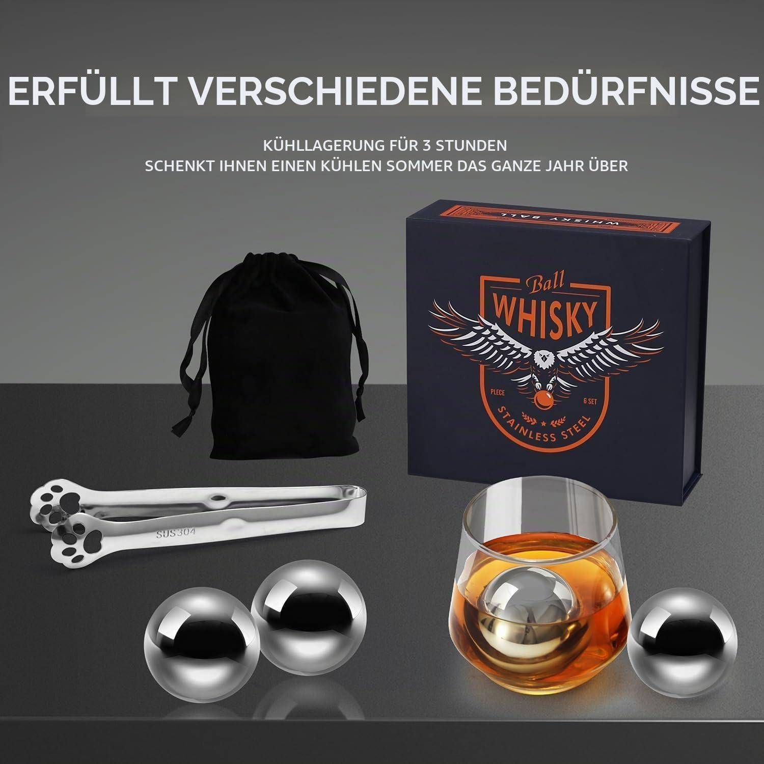 Werbebilder eines Whisky-Geschenksets: Markenkarton, Beutel mit Kordelzug, Eiszange und vier Edelstahl-Whisky-Steine neben einem Glas Whisky; deutscher Text sagt, dass es verschiedene Bedürfnisse erfüllt und Getränke 3 Stunden lang kühl hält.