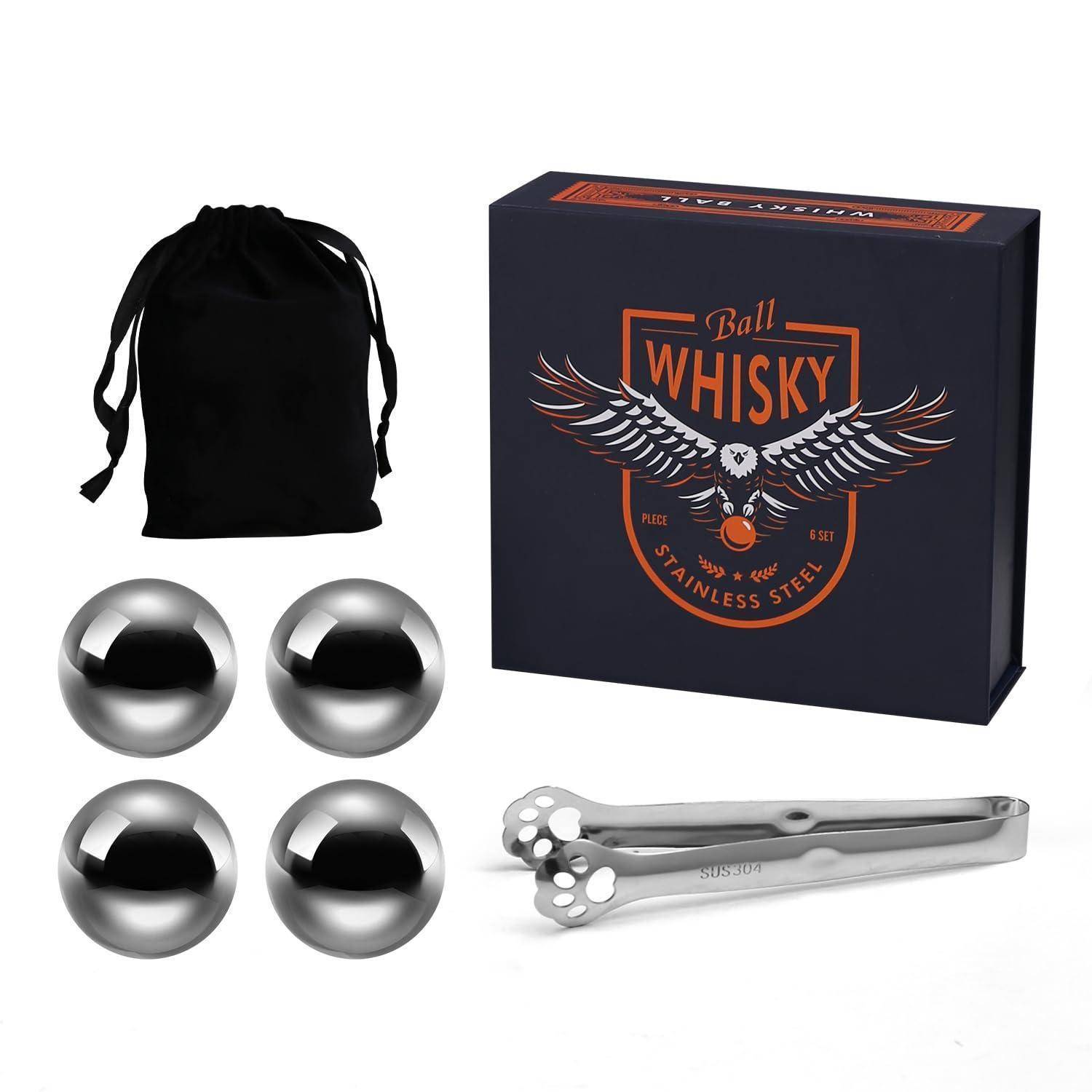 Whisky-Geschenkset mit vier Edelstahl-Kühlkugeln, Zange, schwarzem Beutel und brandmarked Präsentationsbox.