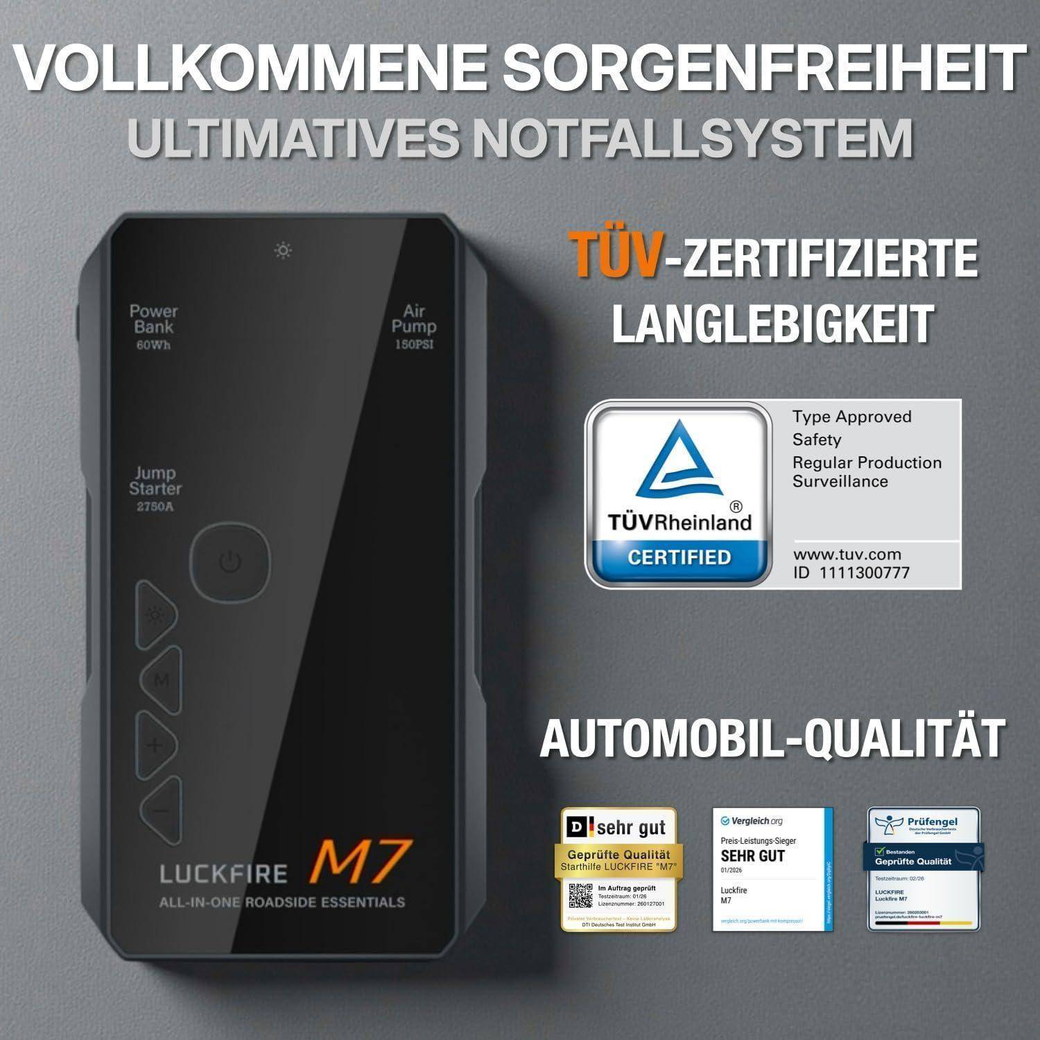 M7 TÜV-Zertifizierte Auto Starthilfe Powerbank für Pkw, SmartIgnition 12V Jump Starter Powerbank mit Kompressor, 60Wh Tragbarer Booster für bis zu