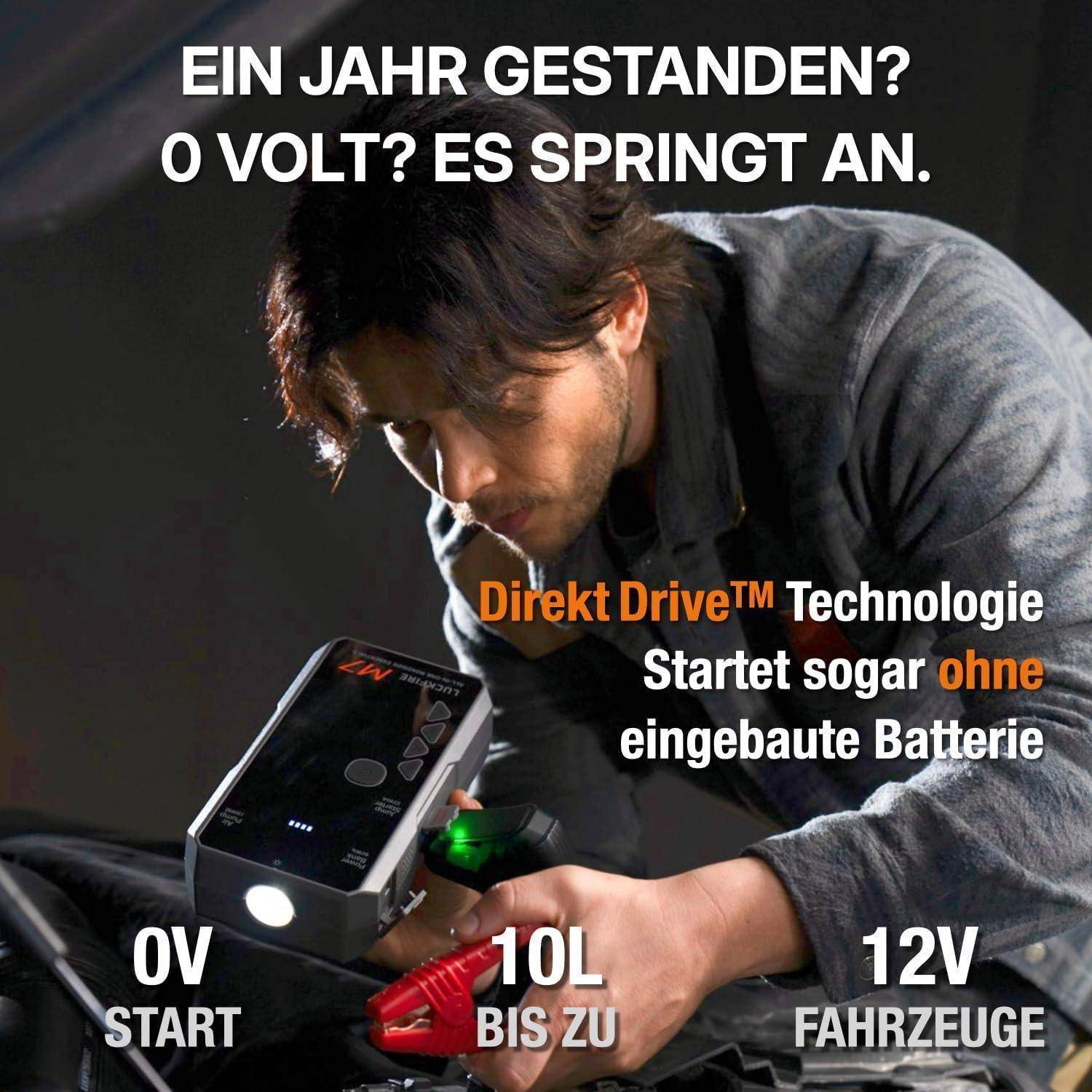 Ein Mann verwendet ein Starthilfegerät an einer Autobatterie; deutscher Anzeigentext sagt „EIN JAHR GESTANDEN? 0 VOLT? ES SPRINGT AN.