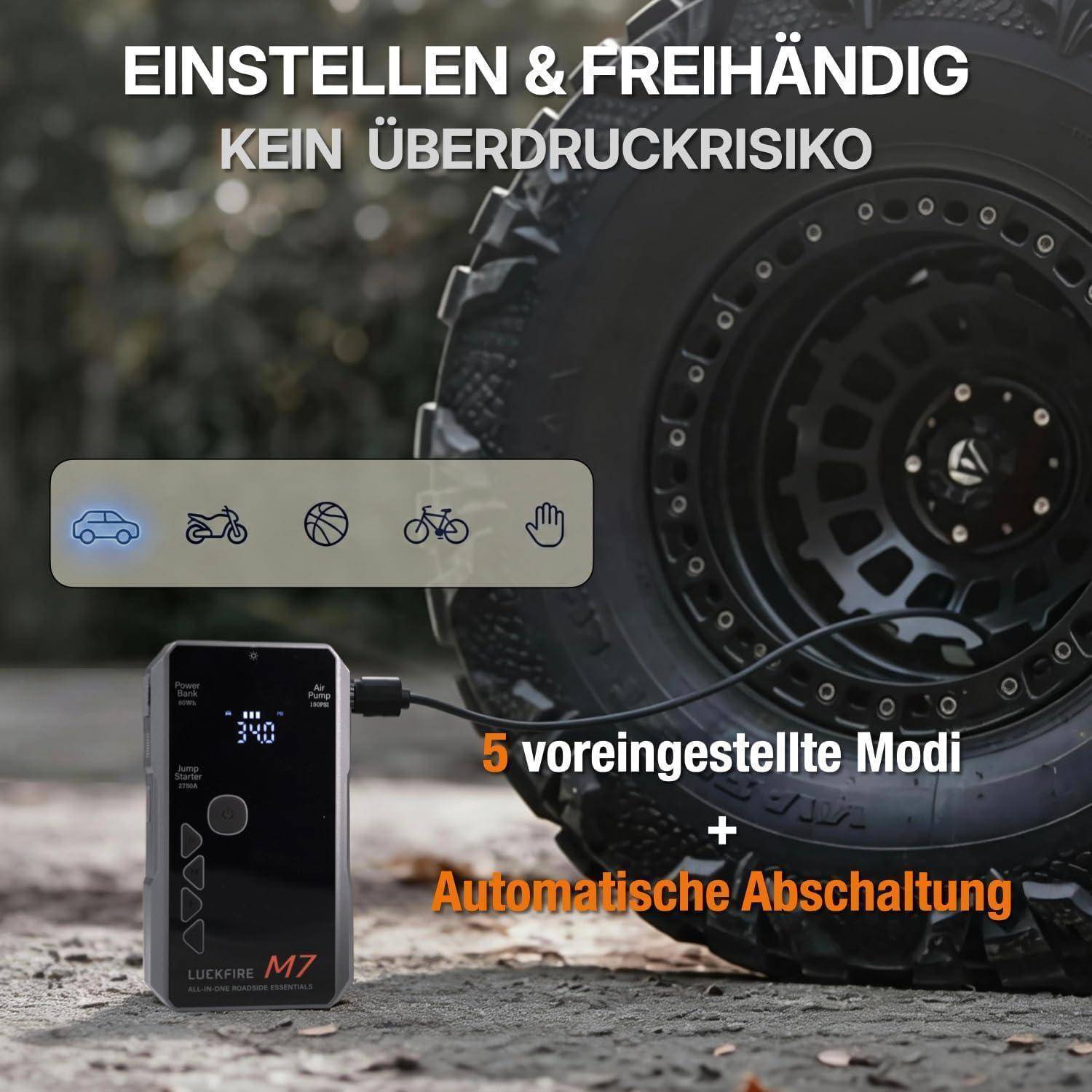 Deutsches Werbebild einer tragbaren Luftpumpe, die einen Fahrzeugreifen aufpumpt, mit Hervorhebung von Voreinstellungsmodi, Druckkontrolle und automatischer Abschaltung zur Vermeidung von Überinflation.