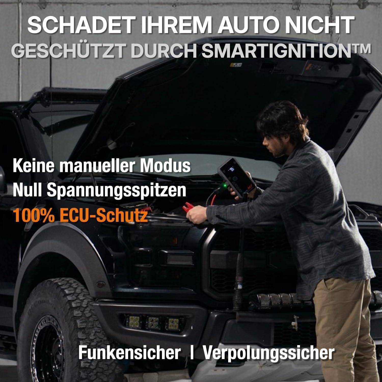Mann arbeitet an einem SUV mit offener Motorhaube und bewirbt SMARTIGNITION ECU-Schutz; deutscher Text sagt kein manueller Modus, keine Spannungsspitzen, 100% ECU-Schutz, funken- und polaritätssicher.