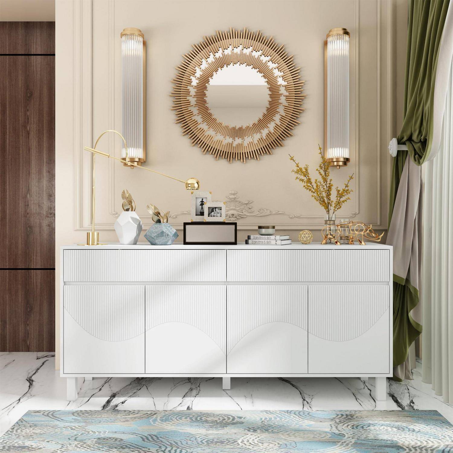 Sideboard weiß, Esszimmerschrank mit 4 Türen und 2 Schubladen, multifunktionaler Aufbewahrungsschrank mit 5 Standbeinen, Stauraumschrank mit Muster