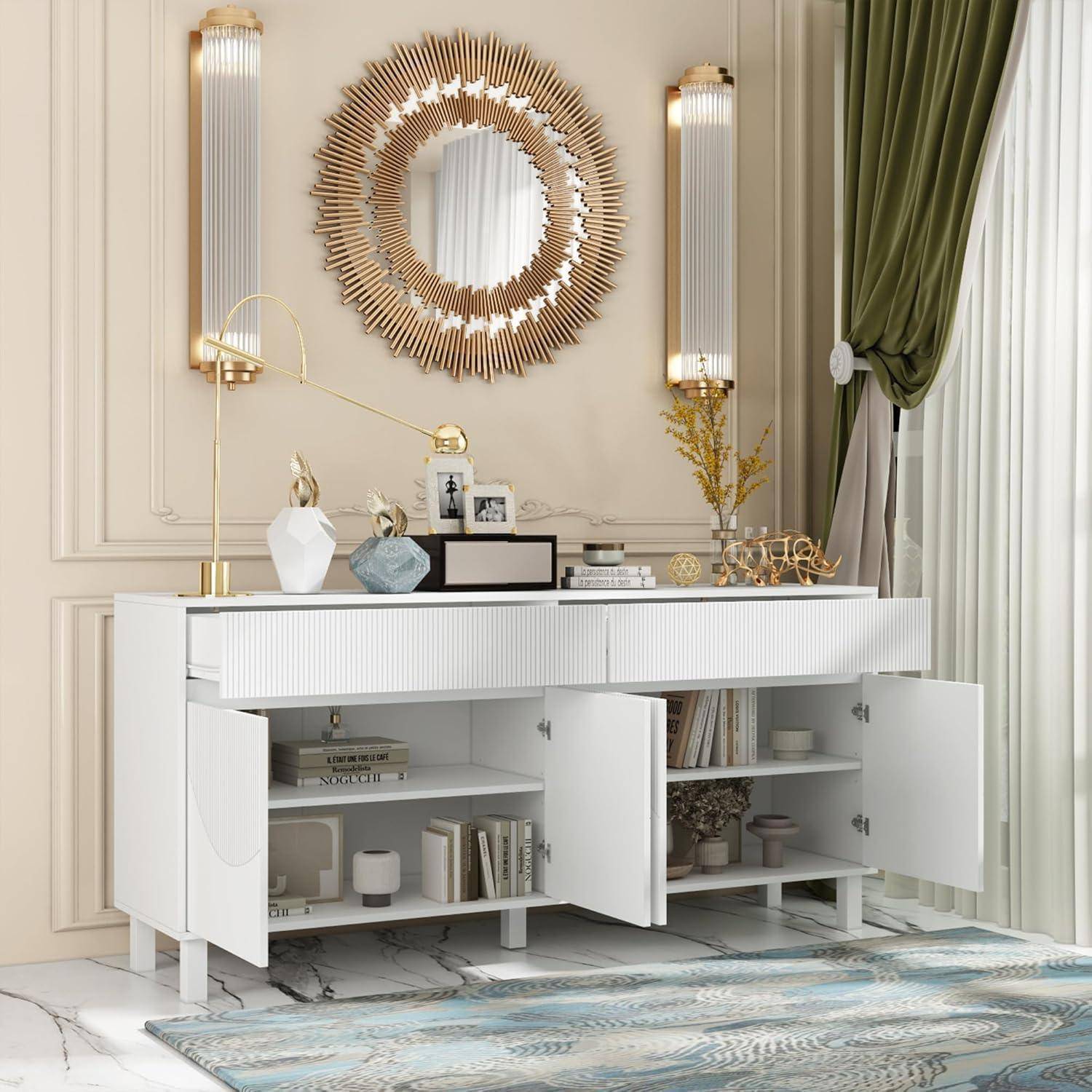 Sideboard weiß, Esszimmerschrank mit 4 Türen und 2 Schubladen, multifunktionaler Aufbewahrungsschrank mit 5 Standbeinen, Stauraumschrank mit Muster