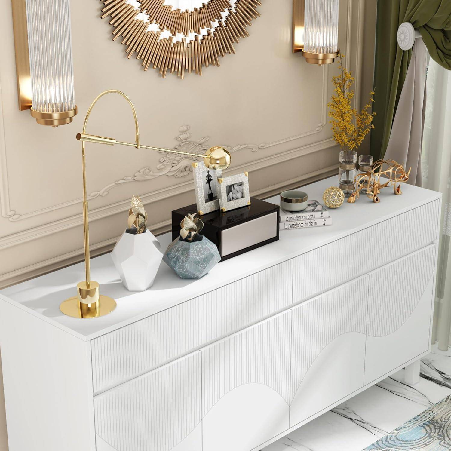 Sideboard weiß, Esszimmerschrank mit 4 Türen und 2 Schubladen, multifunktionaler Aufbewahrungsschrank mit 5 Standbeinen, Stauraumschrank mit Muster