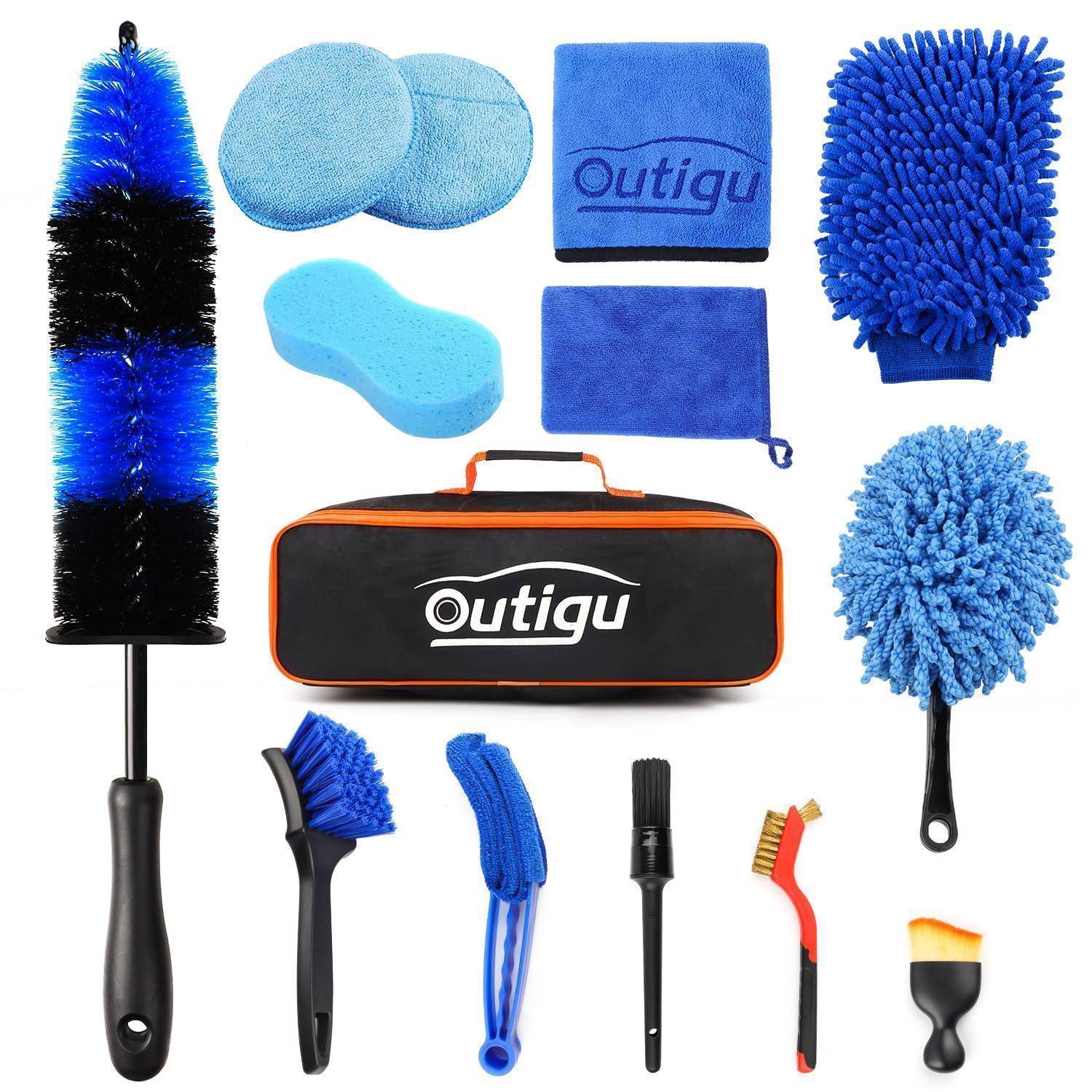 Sortiertes Outigu-Autowäsch-Set mit Bürste, Handschuhen, Schwämmen, Handtüchern, Tasche und Detaillierungsbürsten auf weißem Hintergrund.