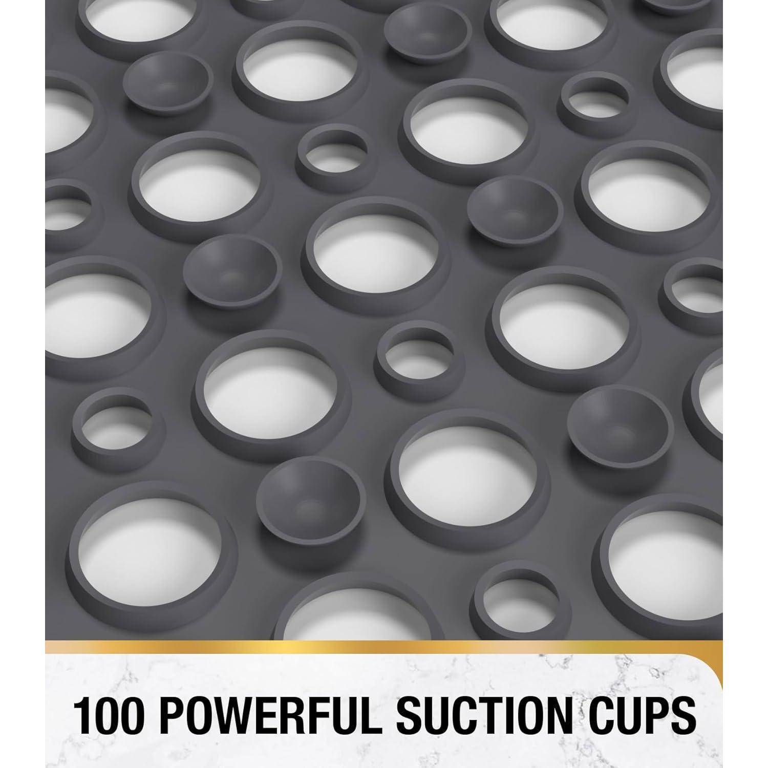 Grafik von verschiedenen grauen Saugnäpfen mit dem Text „100 STARKE SAUGNÄPFE" am unteren Rand.