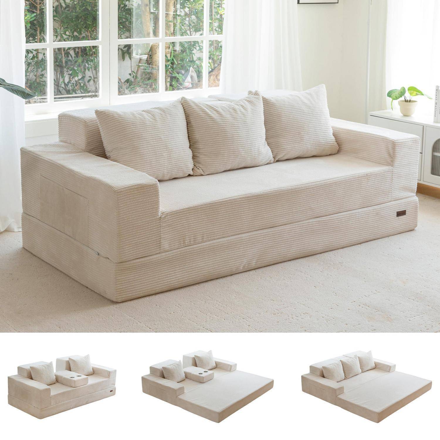 Beigefarbenes Cordsamt-Schlafsofa mit drei Kissen in einem Wohnzimmer dargestellt, plus drei kleine Nahansichten, die seine ausklappbaren Schlafpositionen zeigen.