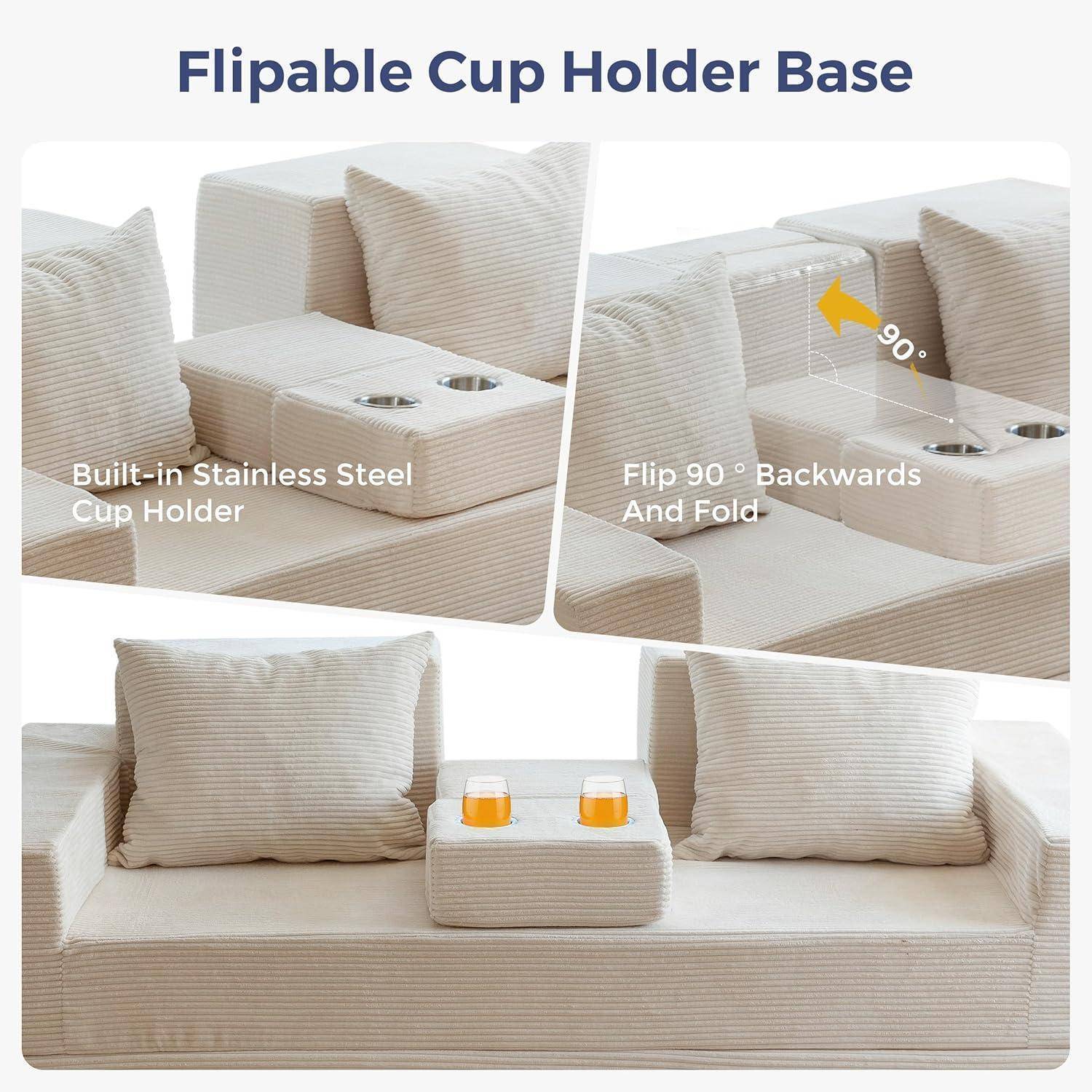 Diagramm einer umklappbaren Getränkehalter-Basis, die einen integrierten Edelstahl-Getränkehalter zeigt, der um 90 Grad nach hinten umklappt und sich in eine Sofa-Armlehne einklappt.