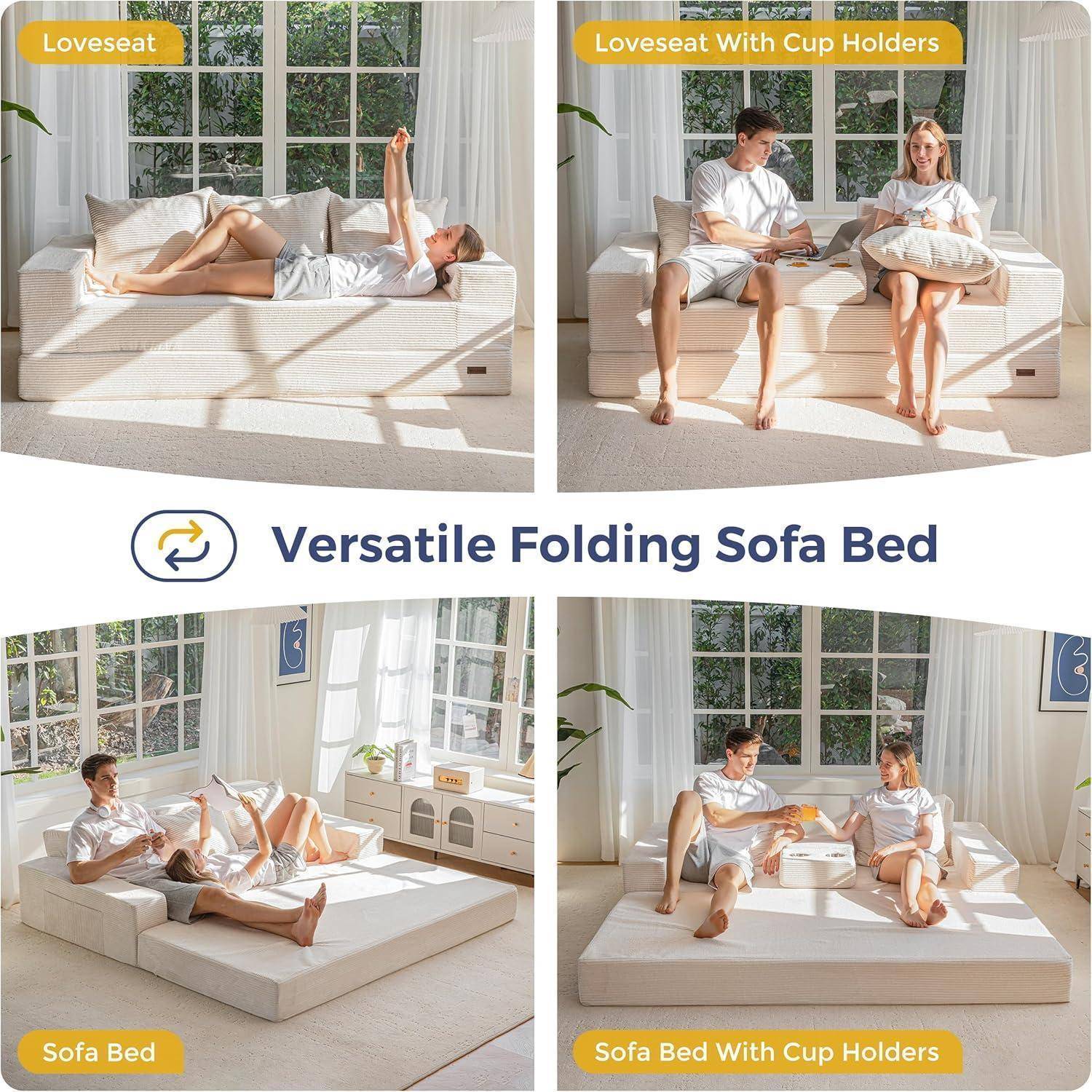 MAXYOYO Schlafsofa, Cord-Bodencouch, Klappsofa mit Getränkehalter und Dekokissen, Bequemes Kompressionssofa für Wohnzimmer, Schlafzimmer, Gästezimm
