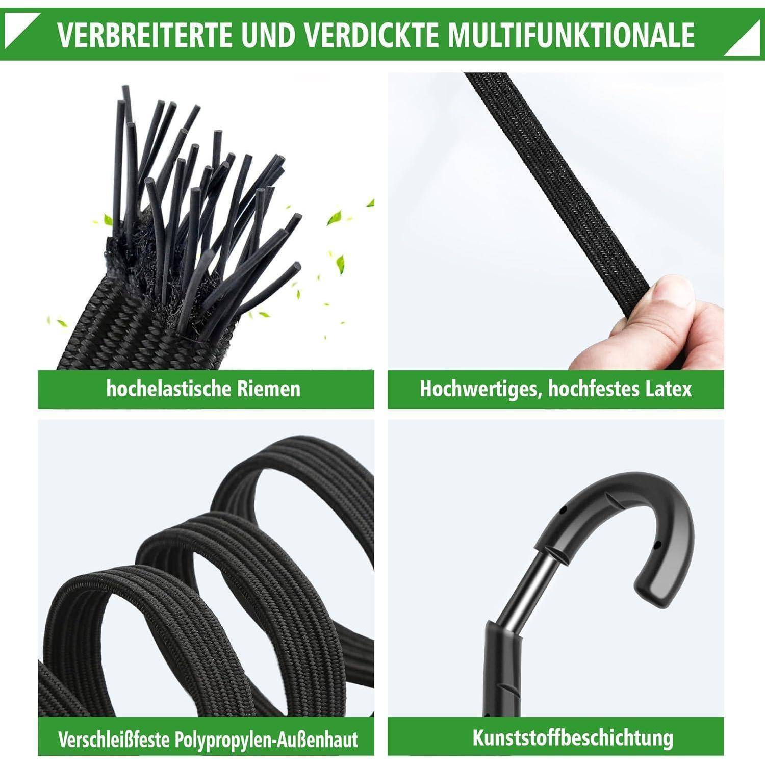 Deutsches Produktinfografik mit einem multifunktionalen schwarzen Riemen mit vier Funktionen: elastische Gurte, hochfestes Latex, verschleißfeste Polypropylenauβenschicht und Kunststoffbeschichtung.