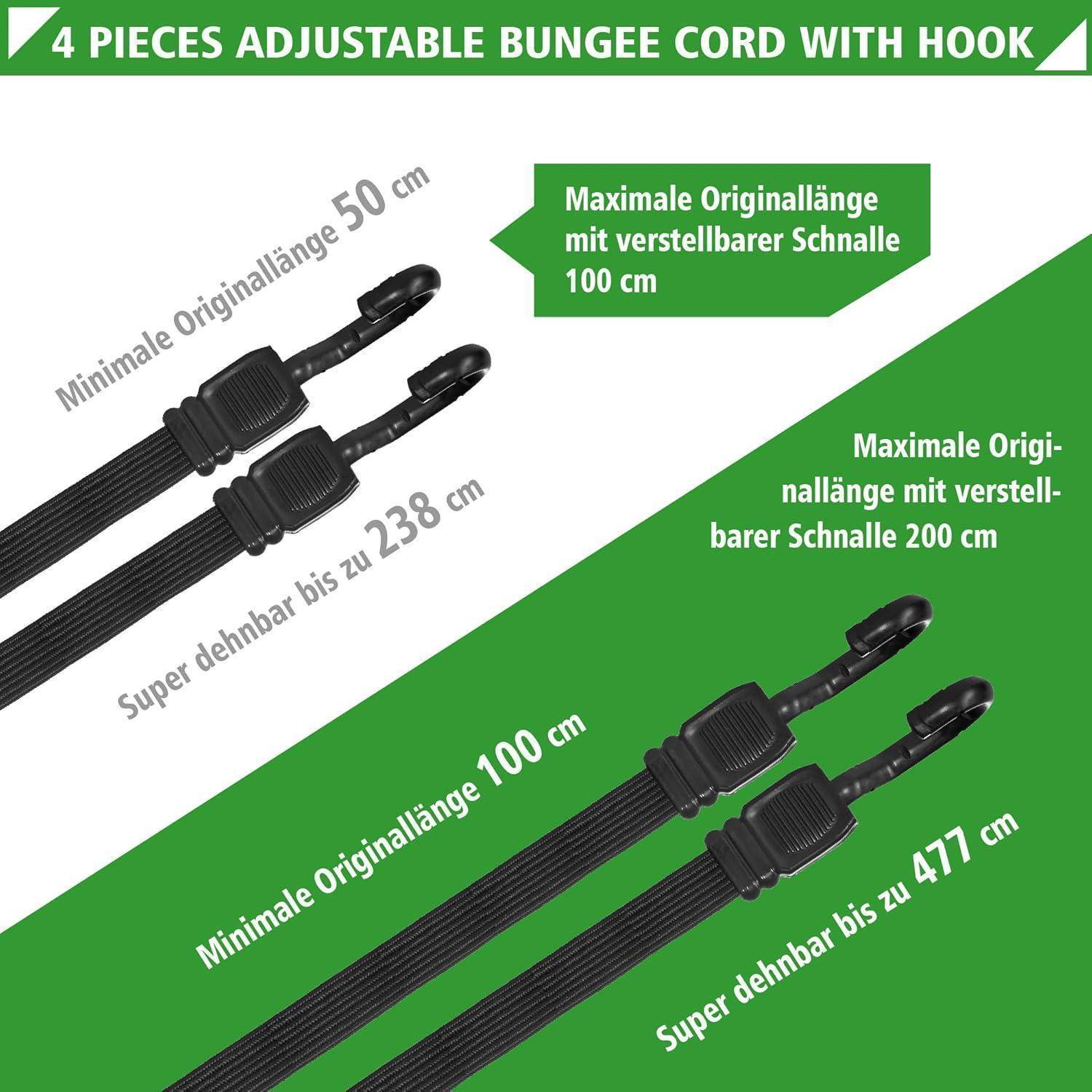 Diagramm einer 4-teiligen verstellbaren Bungee-Schnur mit Haken, zeigt Mindestlänge 50 cm, verstellbare Originallänge 100 cm und maximale Dehnung bis zu 238 cm oder 471 cm.