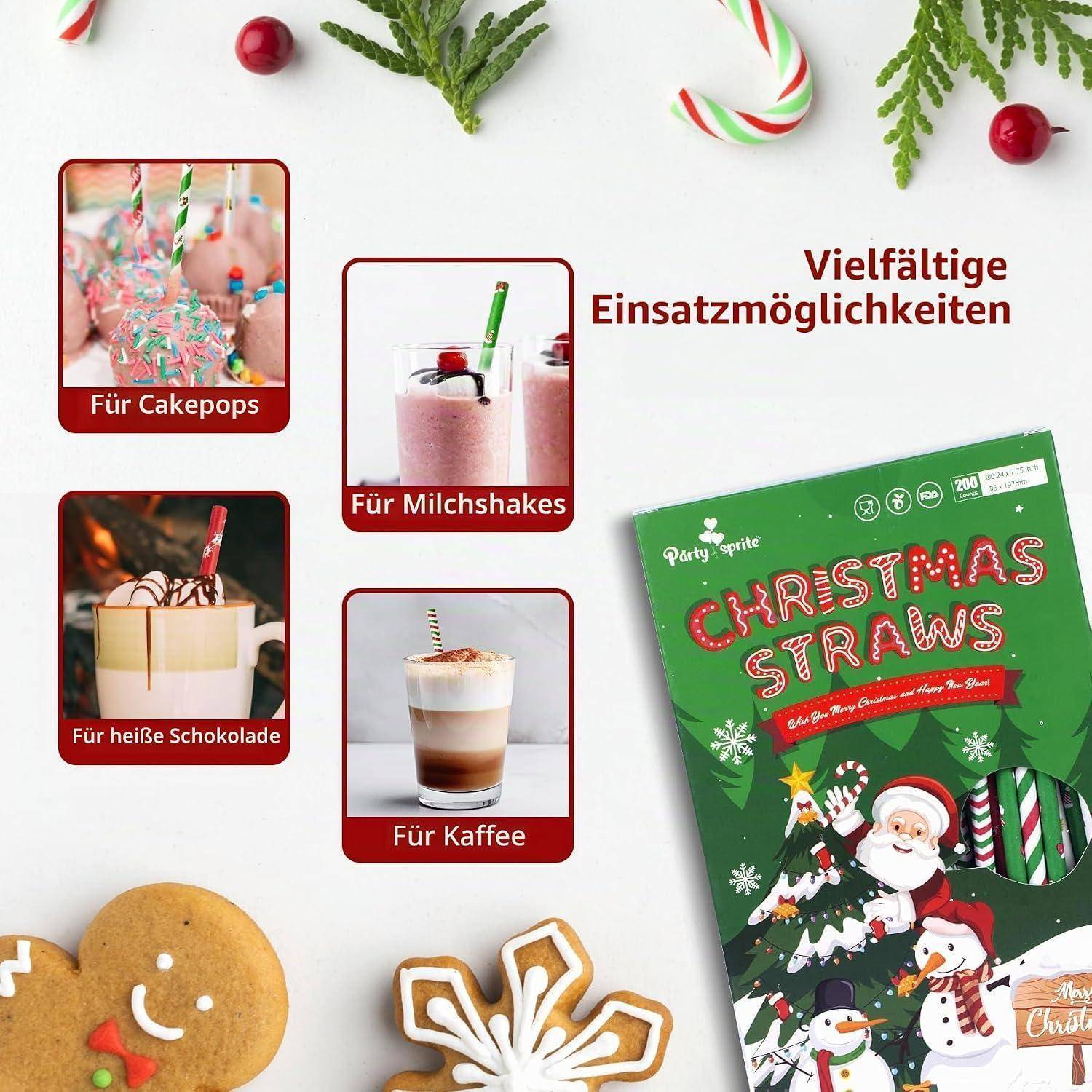 Verpackung von Weihnachtstrinkhalmen und vier Verwendungsbeispiele mit Beschriftungen für Cake Pops, Milchshakes, heiße Schokolade und Kaffee, mit deutschem Text „Vielfältige Einsatzmöglichkeiten