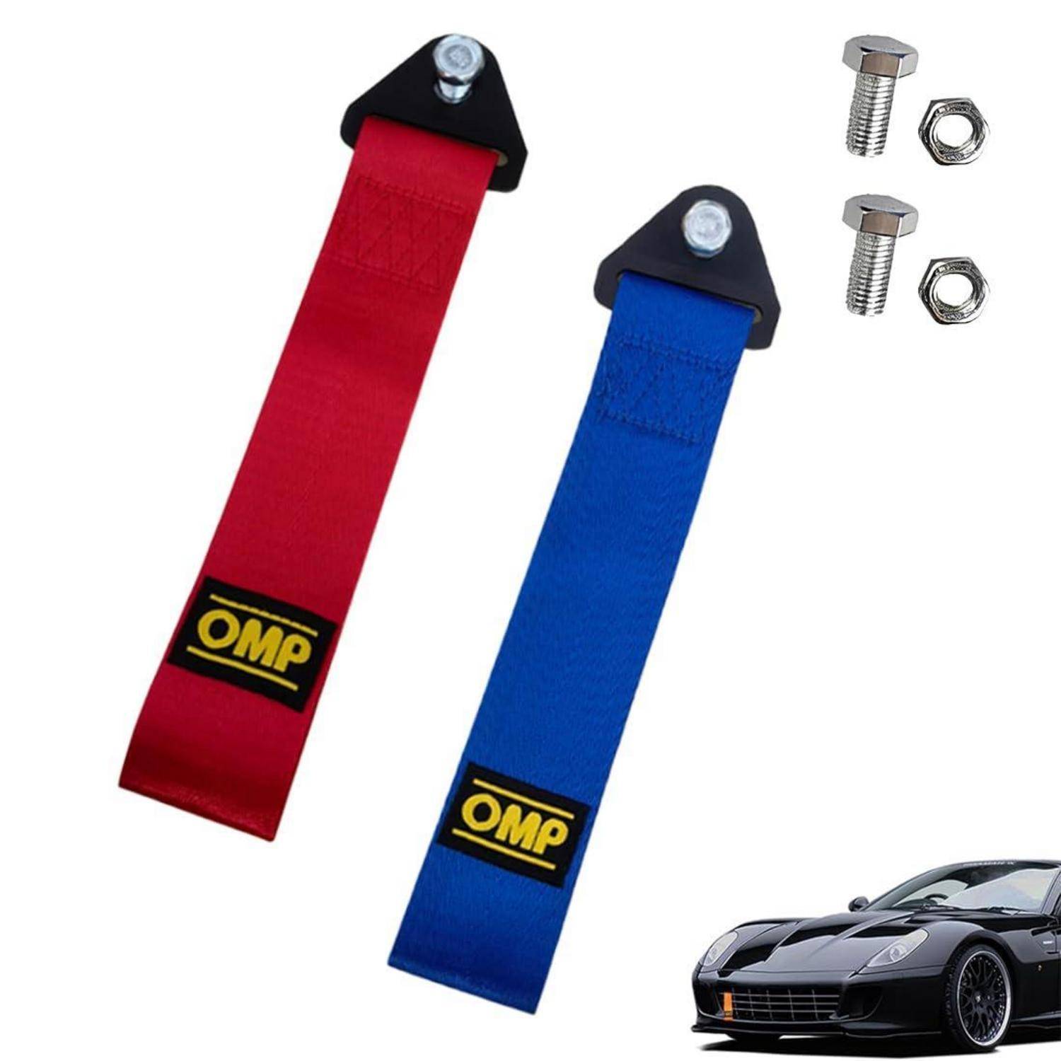 Rot und blau OMP-Abschleppseile mit Befestigungsschrauben und Muttern, sowie eine kleine Sportwagen-Illustration in der Ecke.