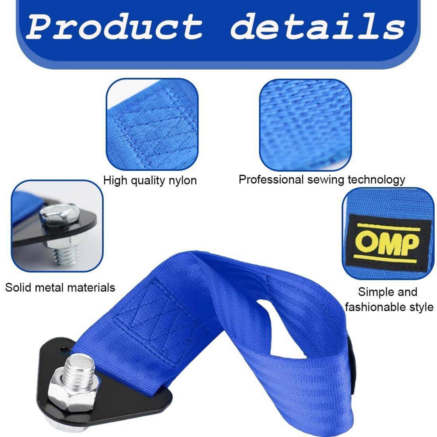 Produktdetails-Grafik, die einen blauen Nylon-Abschleppseil mit Metallbolzen zeigt, wobei hochwertige Nylon-Qualität, professionelle Verarbeitung, solide Metallmaterialien und einfaches stilvolles OMP-Branding hervorgehoben werden.