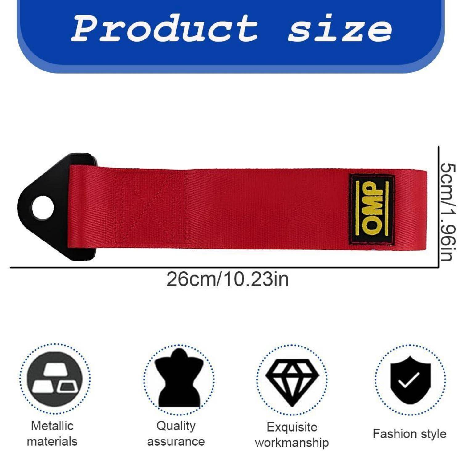 Produktgrößendiagramm für einen roten Abschleppgurt: 26 cm lang und 5 cm breit, mit Symbolen, die metallische Materialien, Qualitätssicherung, exquisite Verarbeitung und Modestil hervorheben.
