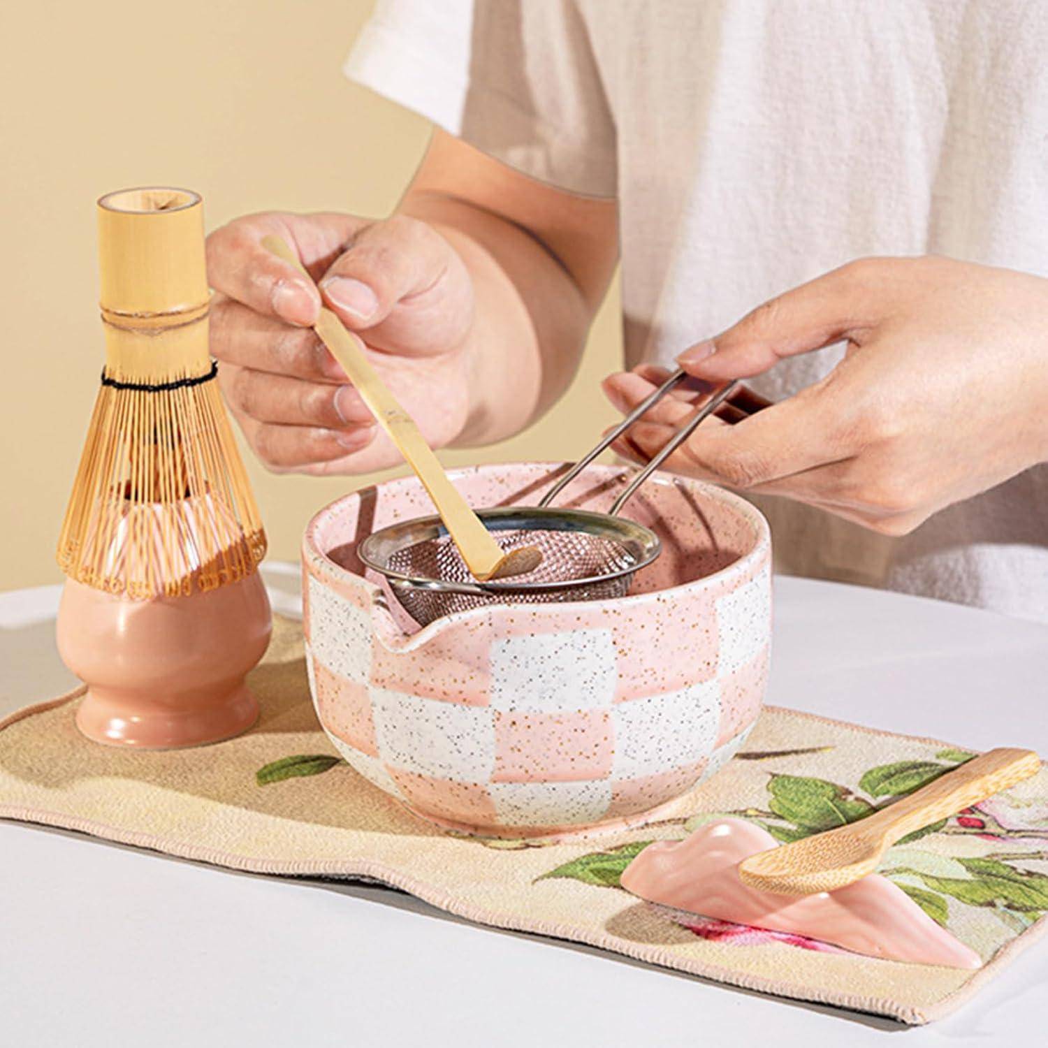 Matcha Set 5-teilig–Matcha Besen Set mit Matcha Schale, Matcha Tea Set Matcha Löffel(Rosa)