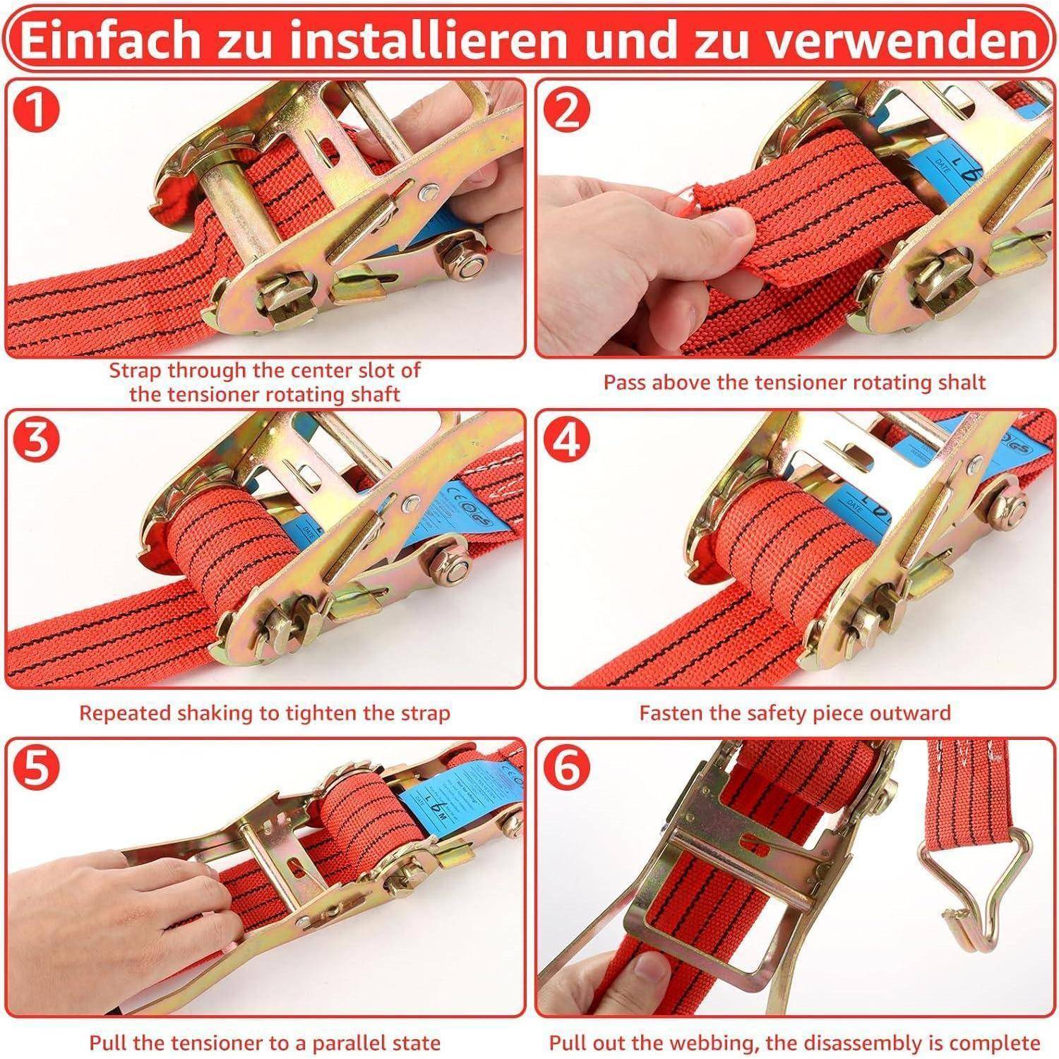 Installationsanleitung mit sechs Schritten zum Installieren und Verwenden eines Ratschengurt-Spanngeräts, mit detaillierten Fotos und Schrittbezeichnungen 1-6.
