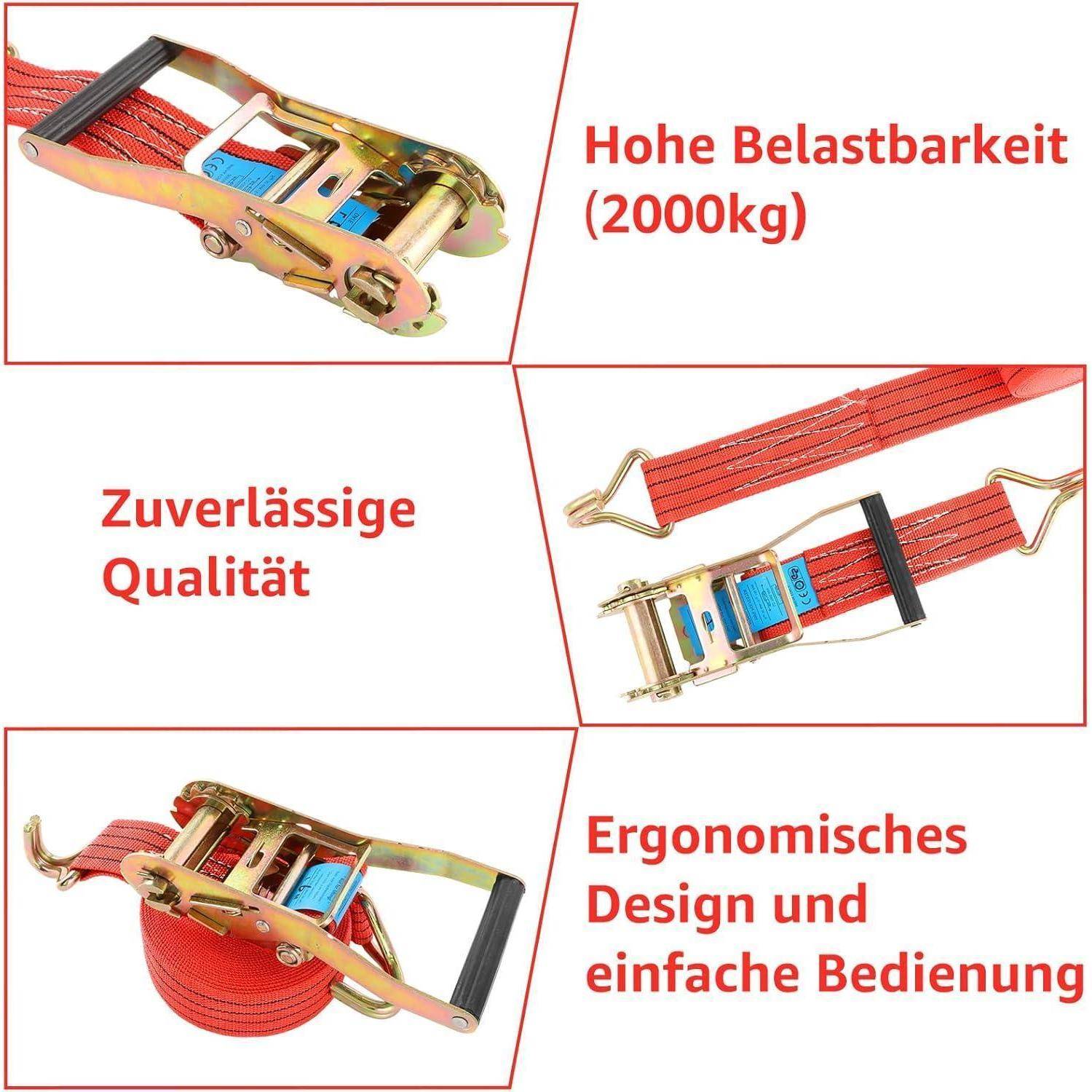 Kollag aus einem roten Ratschengurt mit drei Ansichten, mit deutschem Text, der 