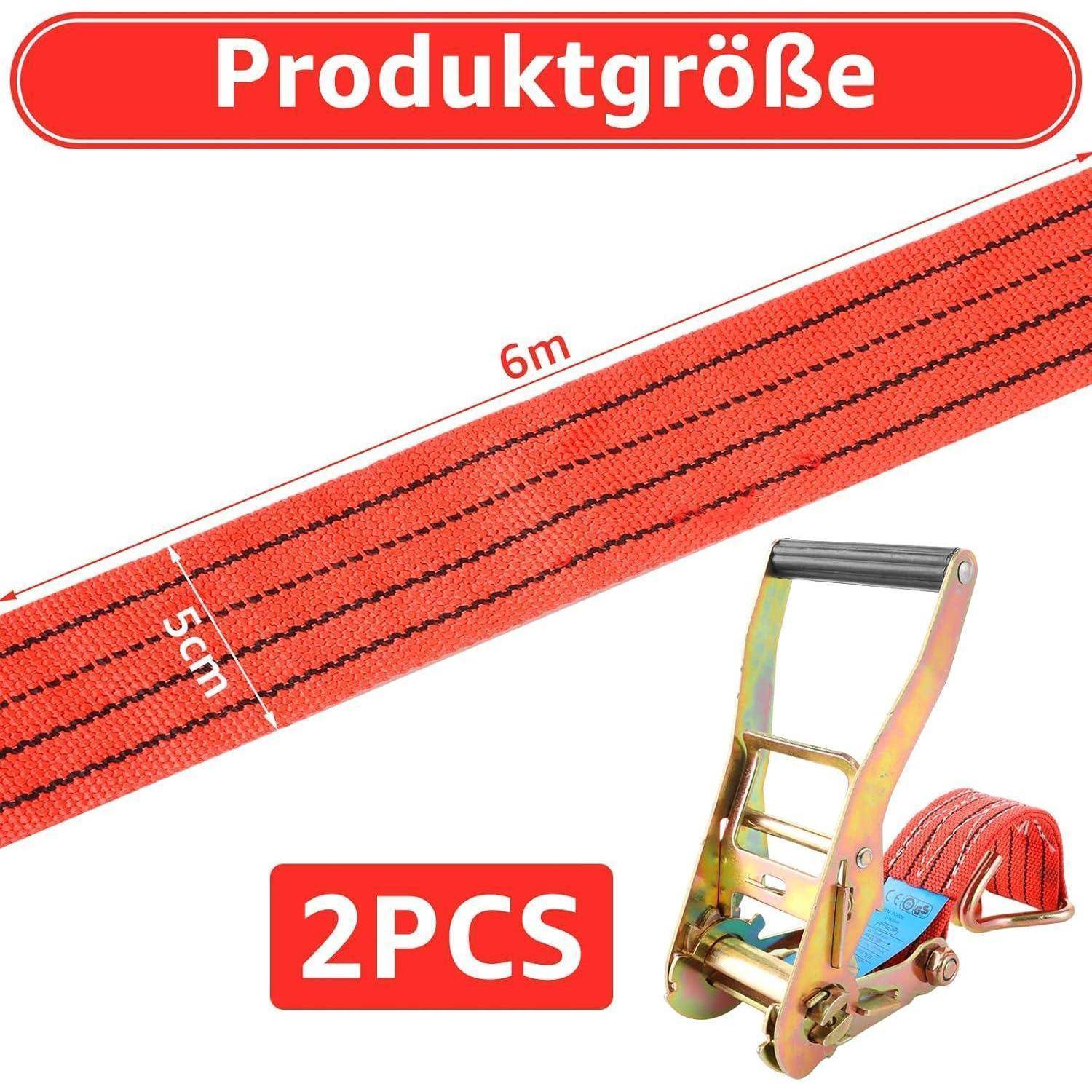 Produktgrößengrafik für einen Ratschenverschluss-Spanngurt: 6 m lang, 5 cm breit, verkauft als 2 Stück, mit dem gezeigten Ratschenverschluss.