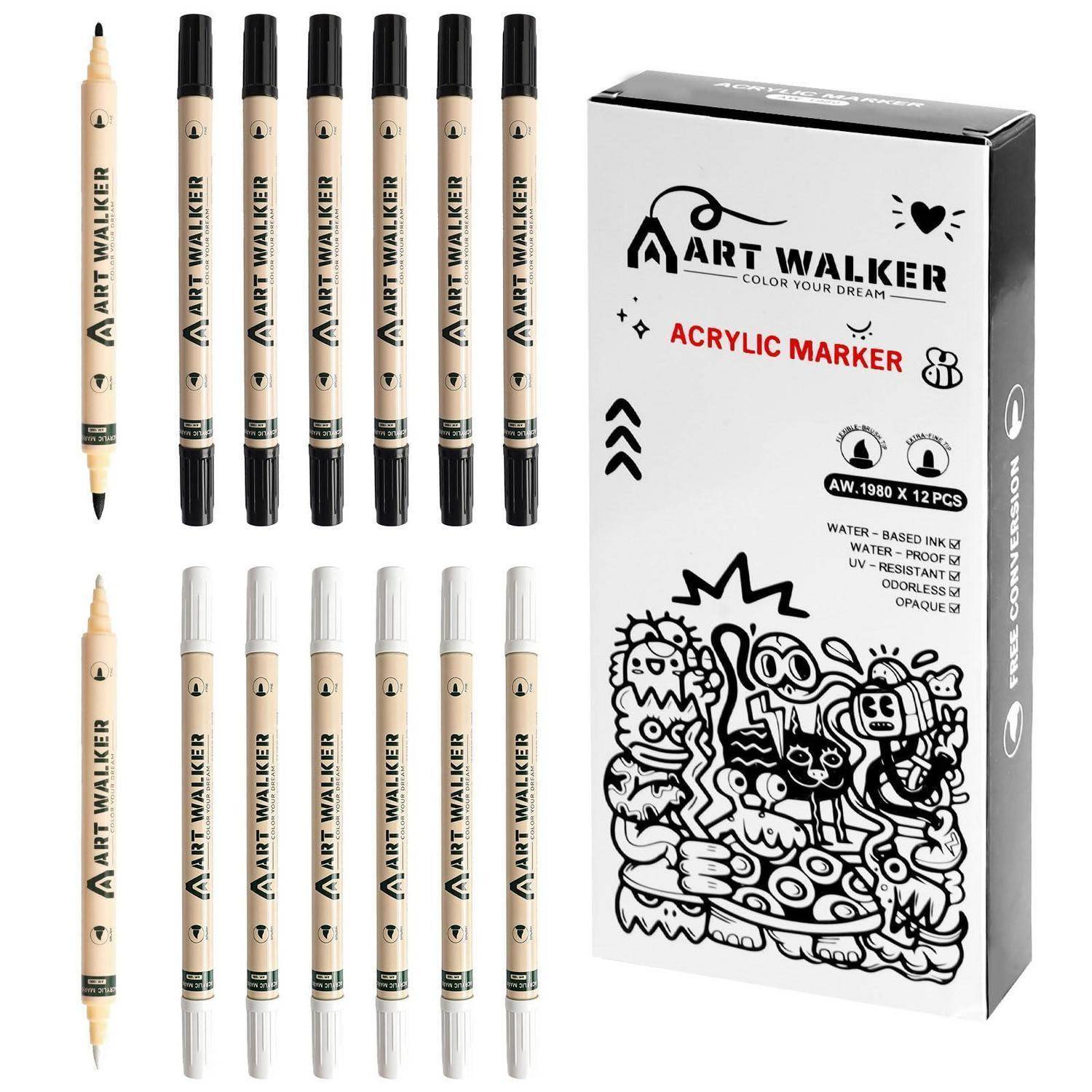 Boxed Art Walker Acrylmarker-Set, 12 Doppelspitzen-Stifte in Schwarz, Weiß und Beige mit Verpackung mit der Aufschrift „ACRYLIC MARKER
