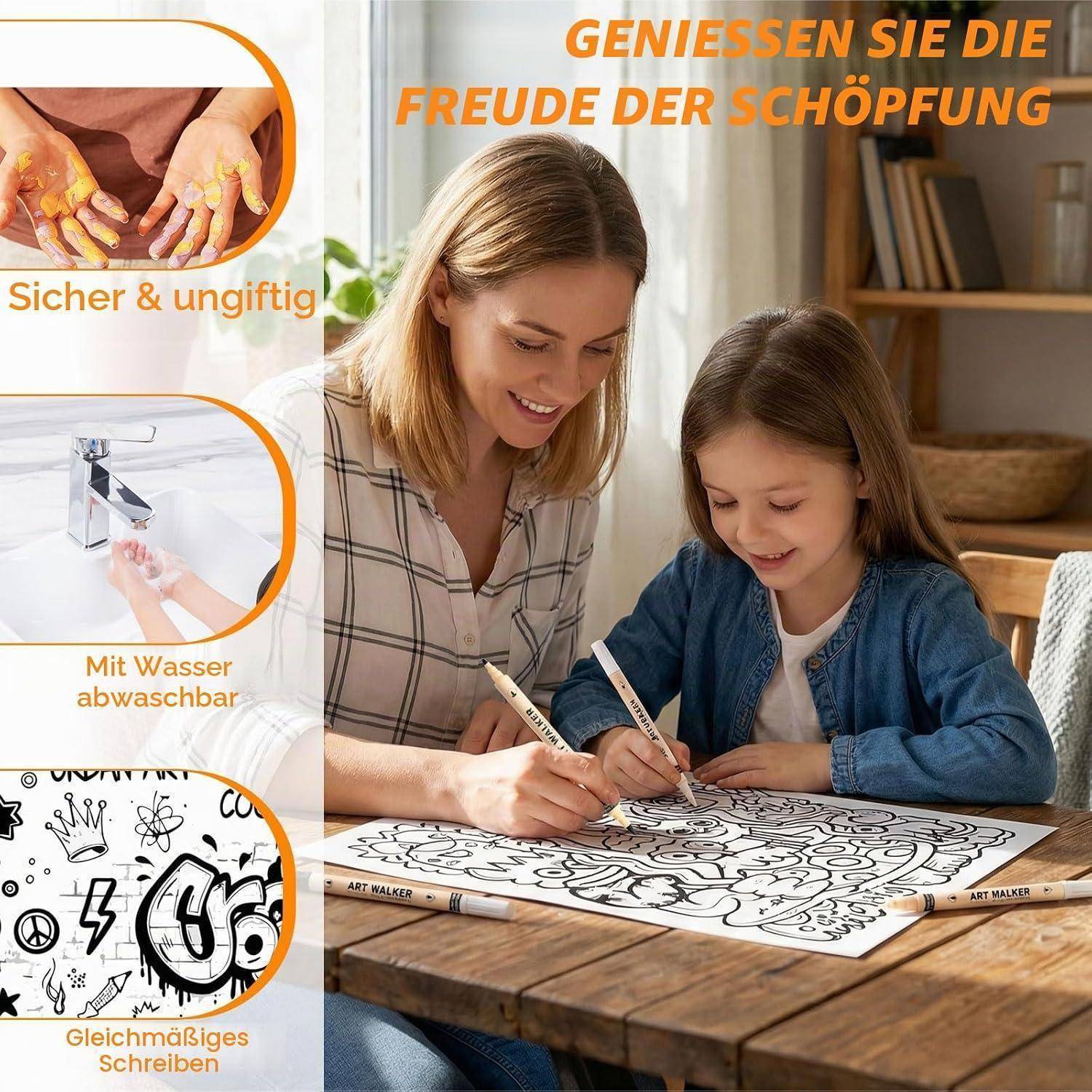 Mutter und Tochter färben zusammen an einem Tisch mit Markern; deutscher Text bewirbt die Kunstbedarfsartikel als sicher, mit Wasser abwaschbar und glatt schreibend.